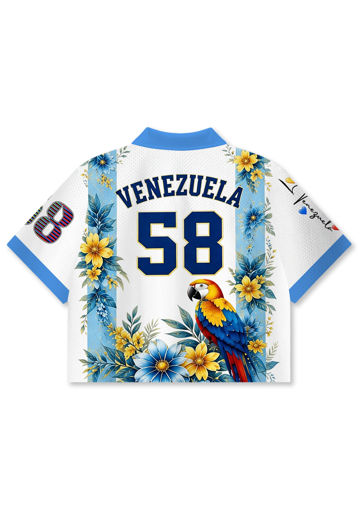 Tropical Parrot Venezuela Floral Print White Cropped Collared Jersey Shirt