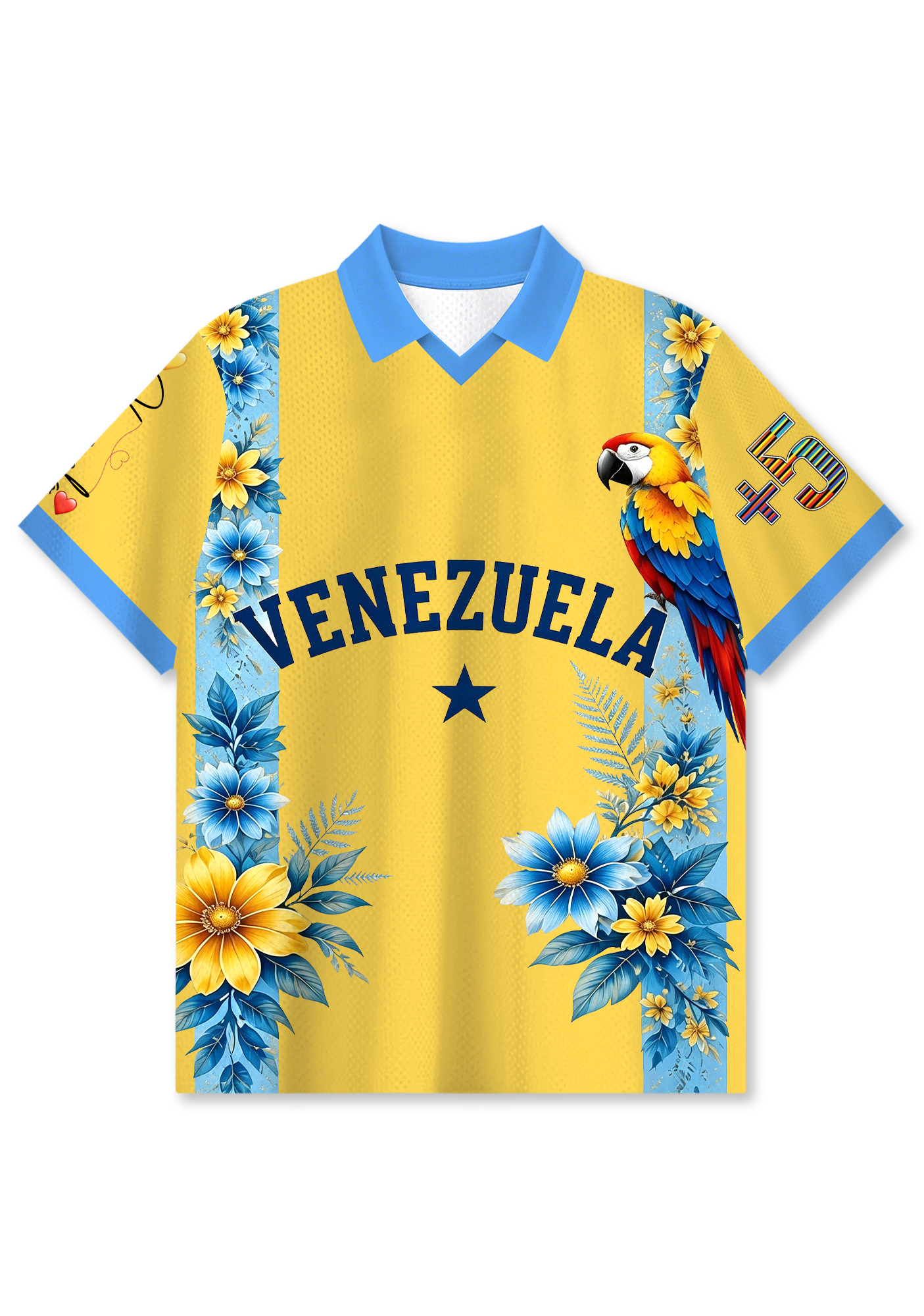 Venezuela Inspired Tropical Parrot Floral Collared Jersey Shirt