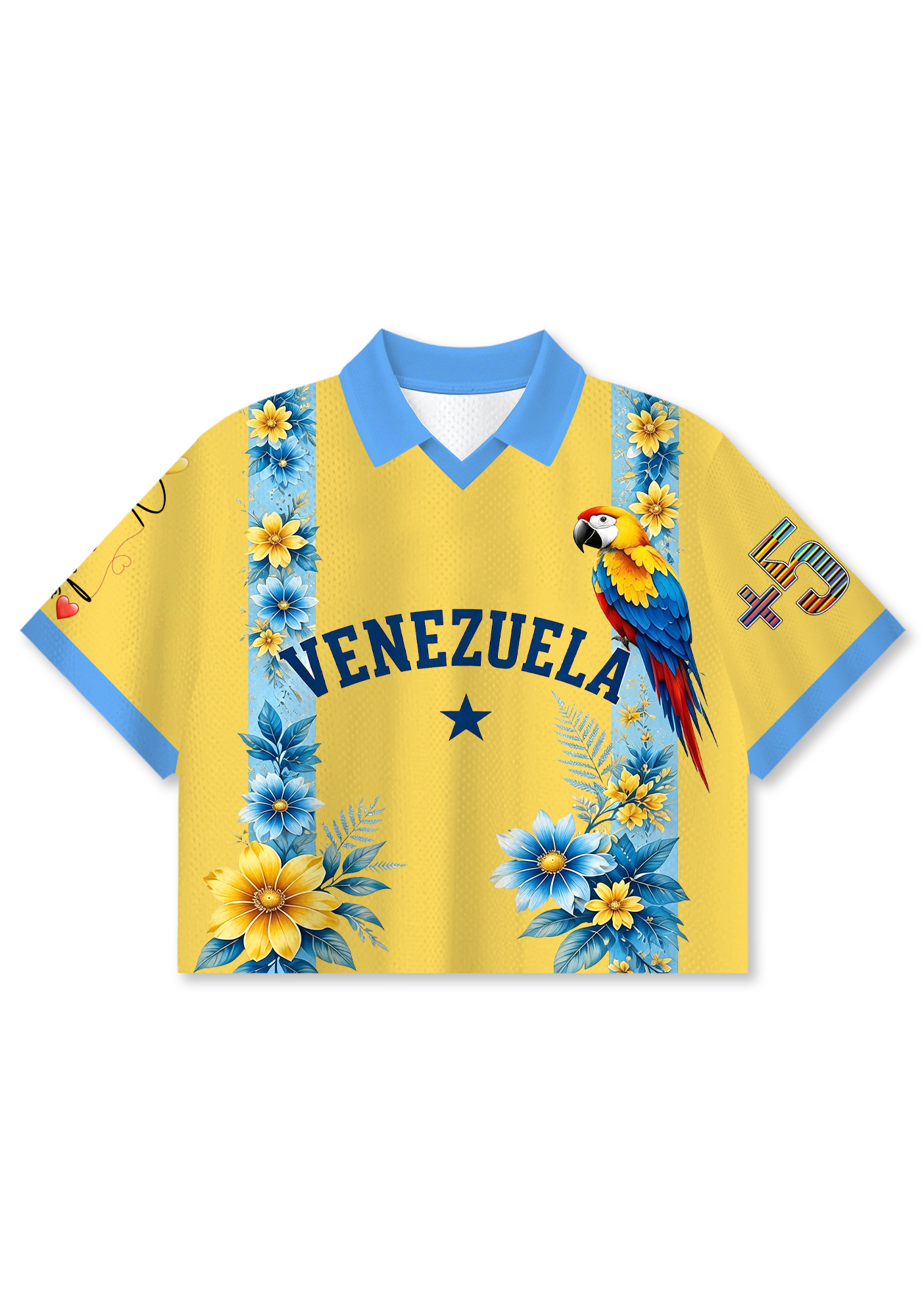 Venezuela Inspired Tropical Parrot Floral Cropped Collared Jersey Shirt