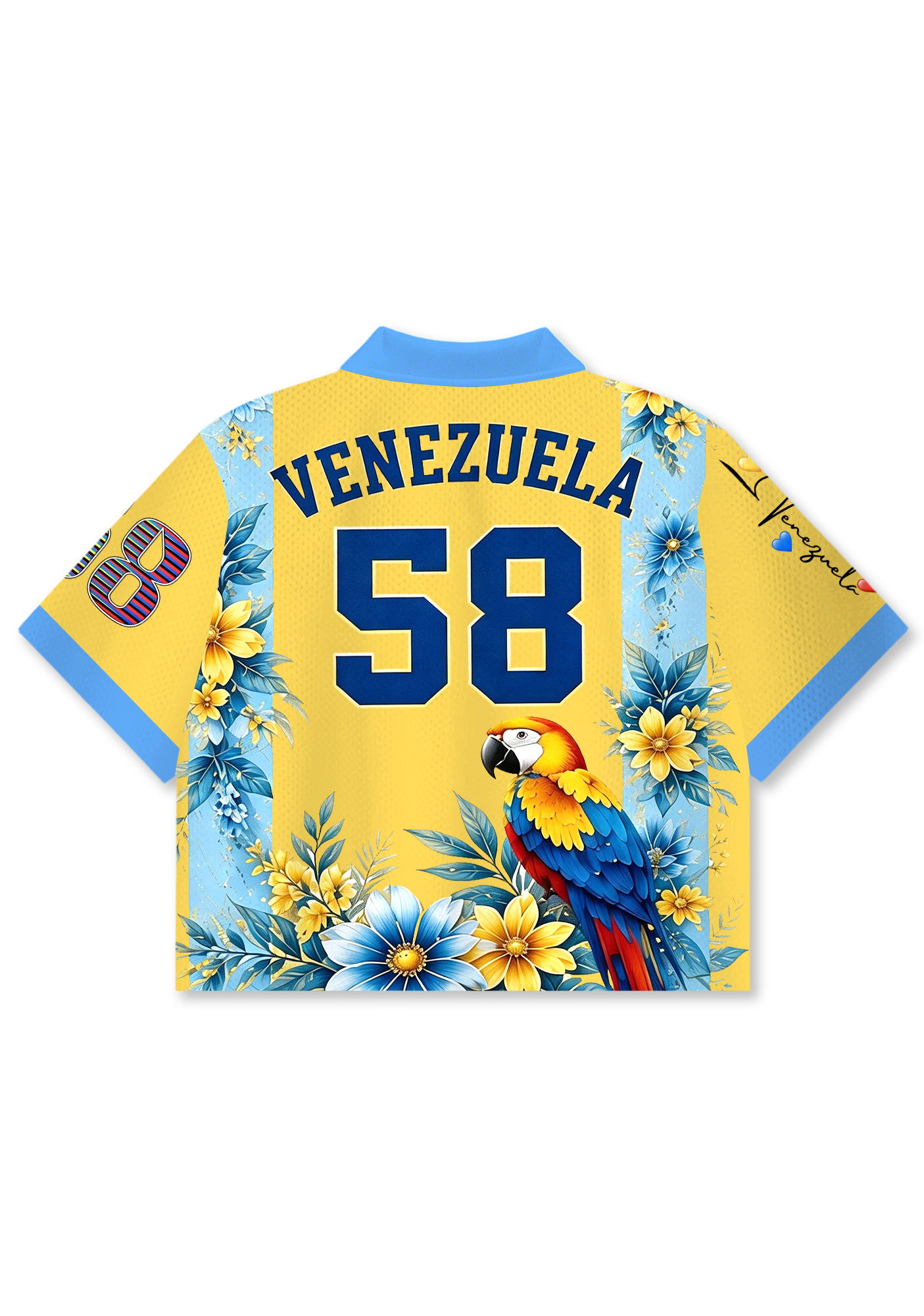 Venezuela Inspired Tropical Parrot Floral Cropped Collared Jersey Shirt