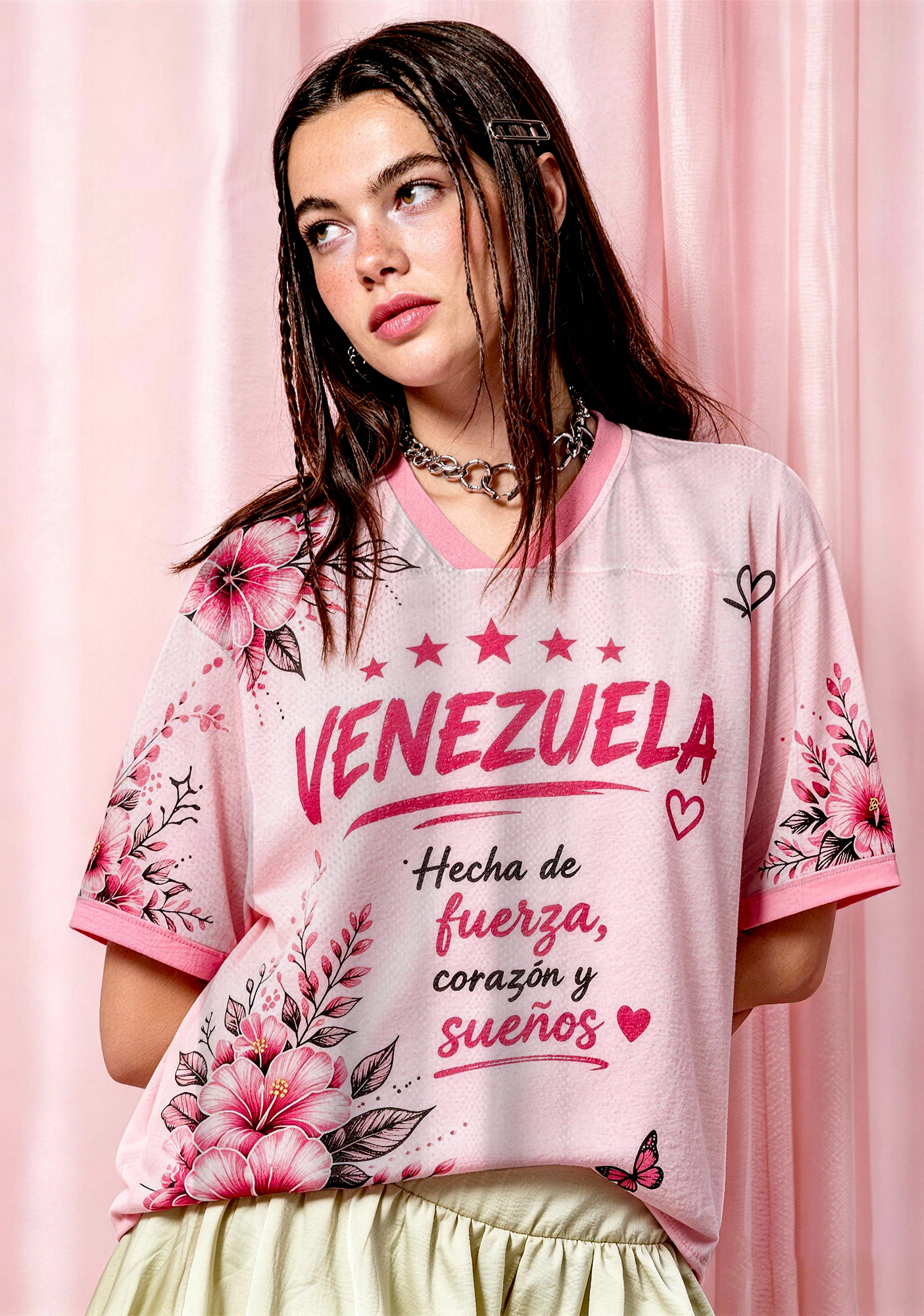 Venezuela Pink Floral Butterfly Mesh Jersey Shirt