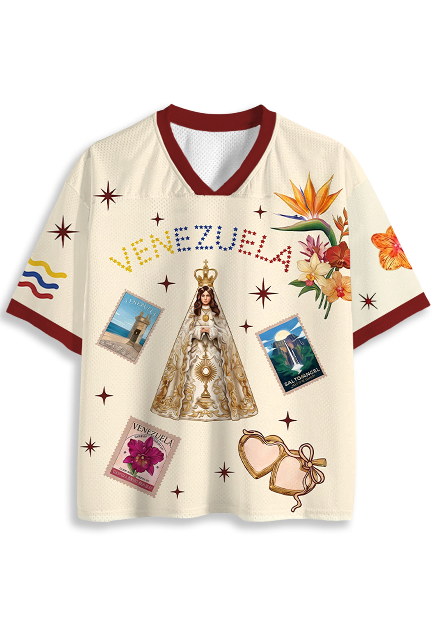 Venezuela Virgen del Valle Stamp Floral Mesh Jersey Shirt
