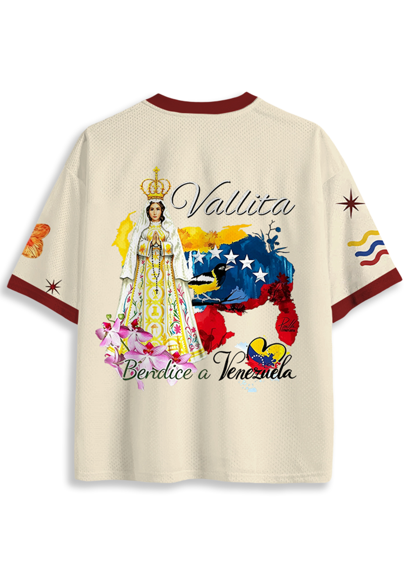 Venezuela Virgen del Valle Stamp Floral Mesh Jersey Shirt