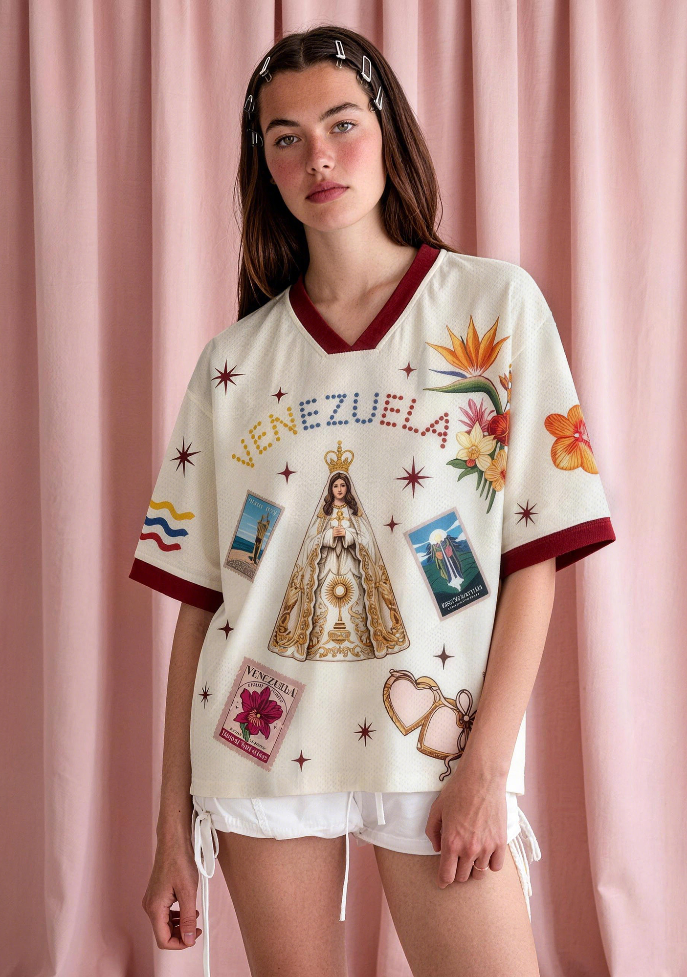 Venezuela Virgen del Valle Stamp Floral Mesh Jersey Shirt