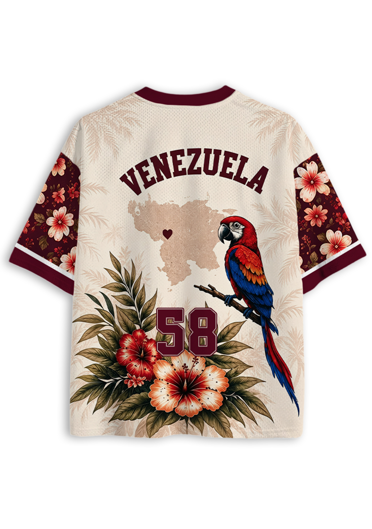Venezuela Scarlet Macaw Tropical Hibiscus Floral Mesh Jersey Shirt