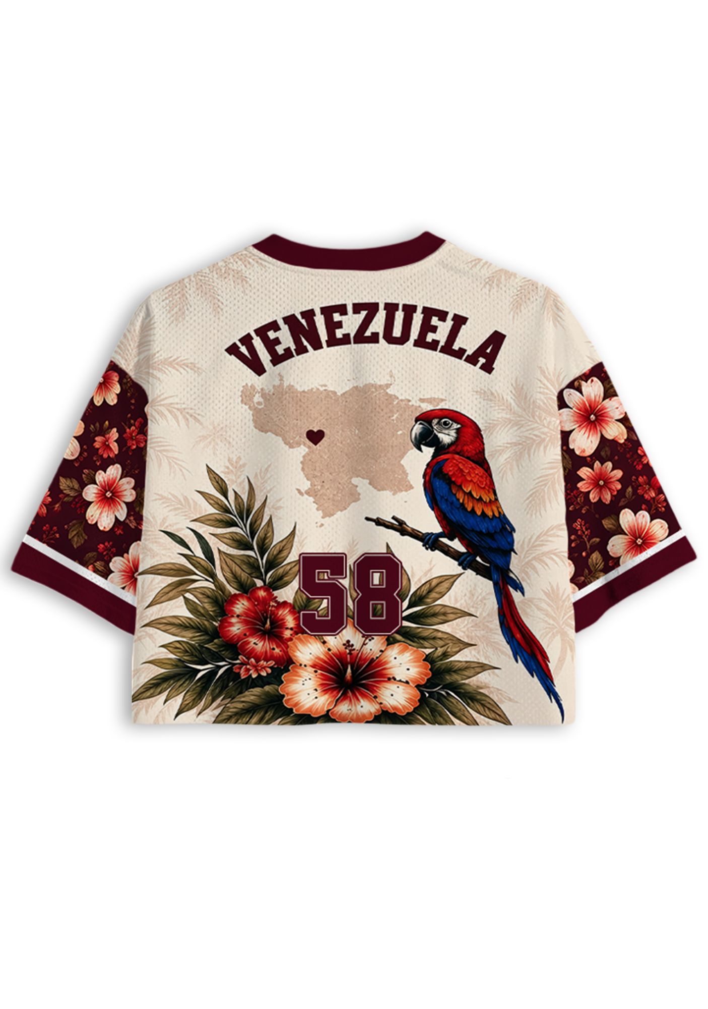 Venezuela Scarlet Macaw Tropical Hibiscus Floral Cropped Jersey Shirt
