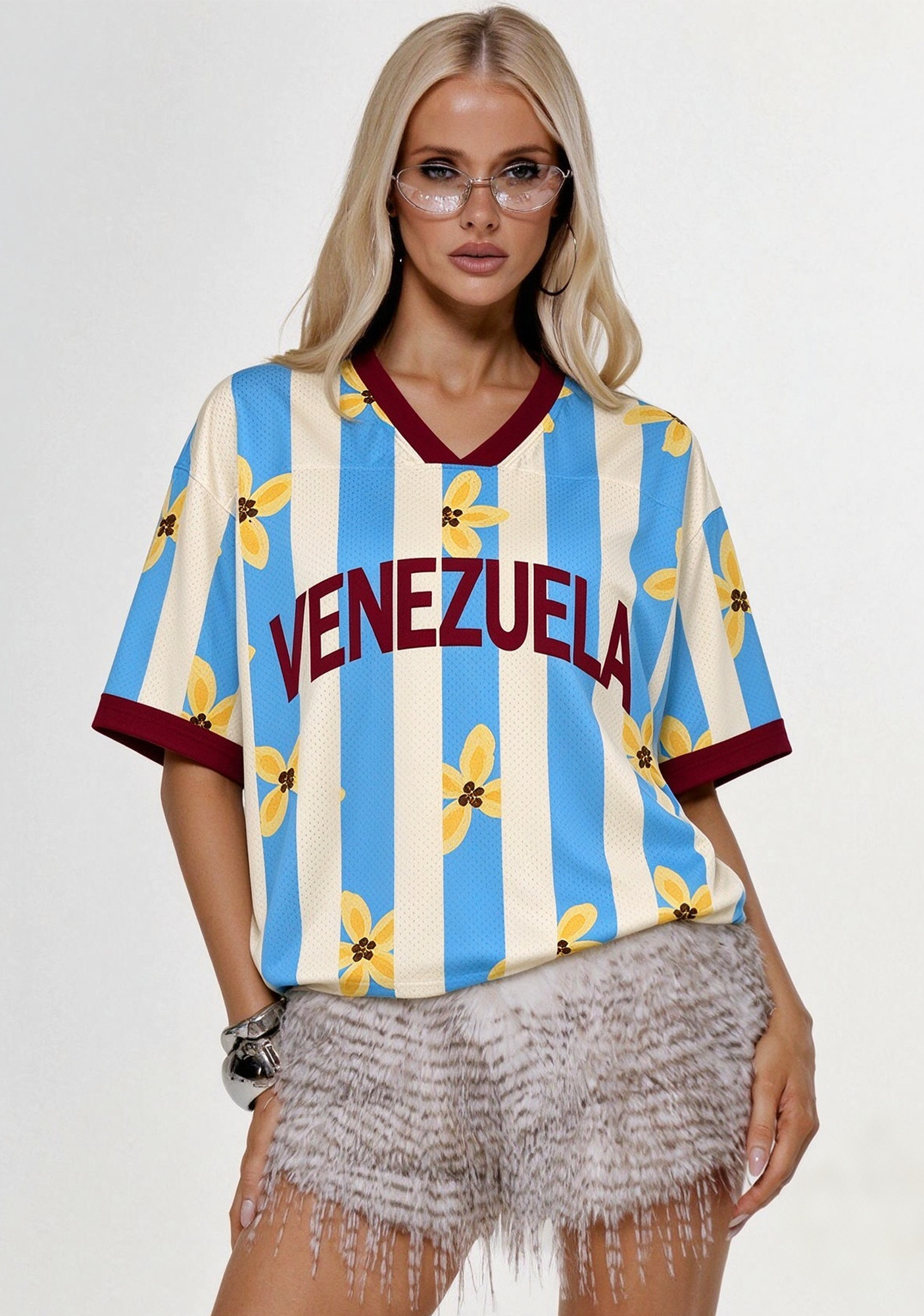 Venezuela Yellow Flower Striped Mesh Jersey Shirt