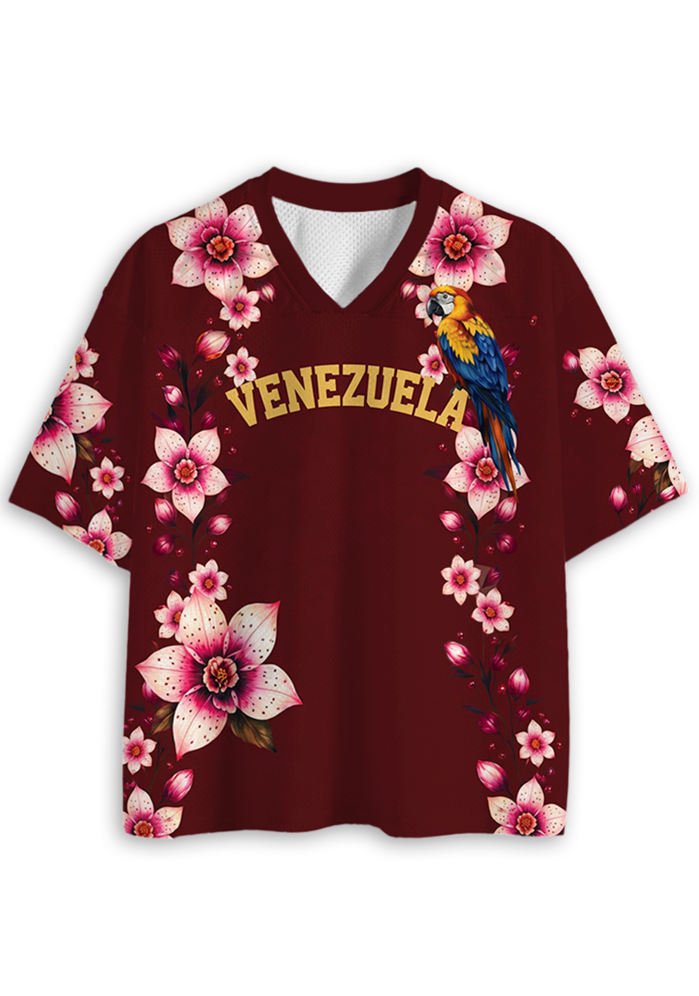 Venezuela Scarlet Macaw & Pink Floral Mesh Jersey Shirt