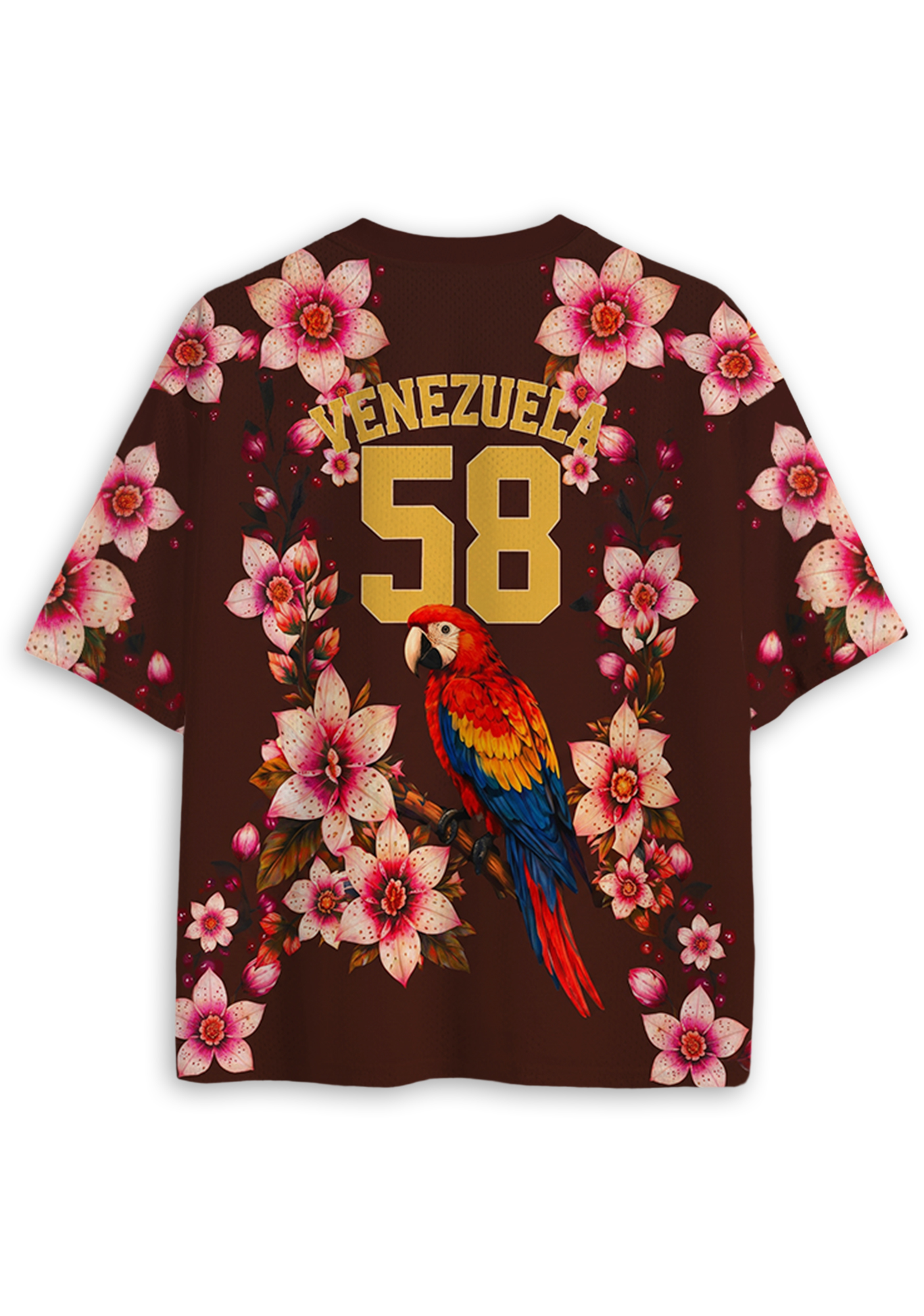 Venezuela Scarlet Macaw & Pink Floral Mesh Jersey Shirt