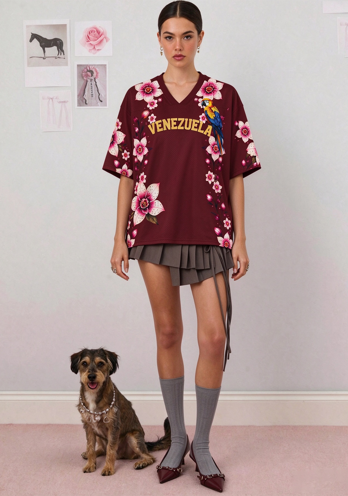 Venezuela Scarlet Macaw & Pink Floral Mesh Jersey Shirt