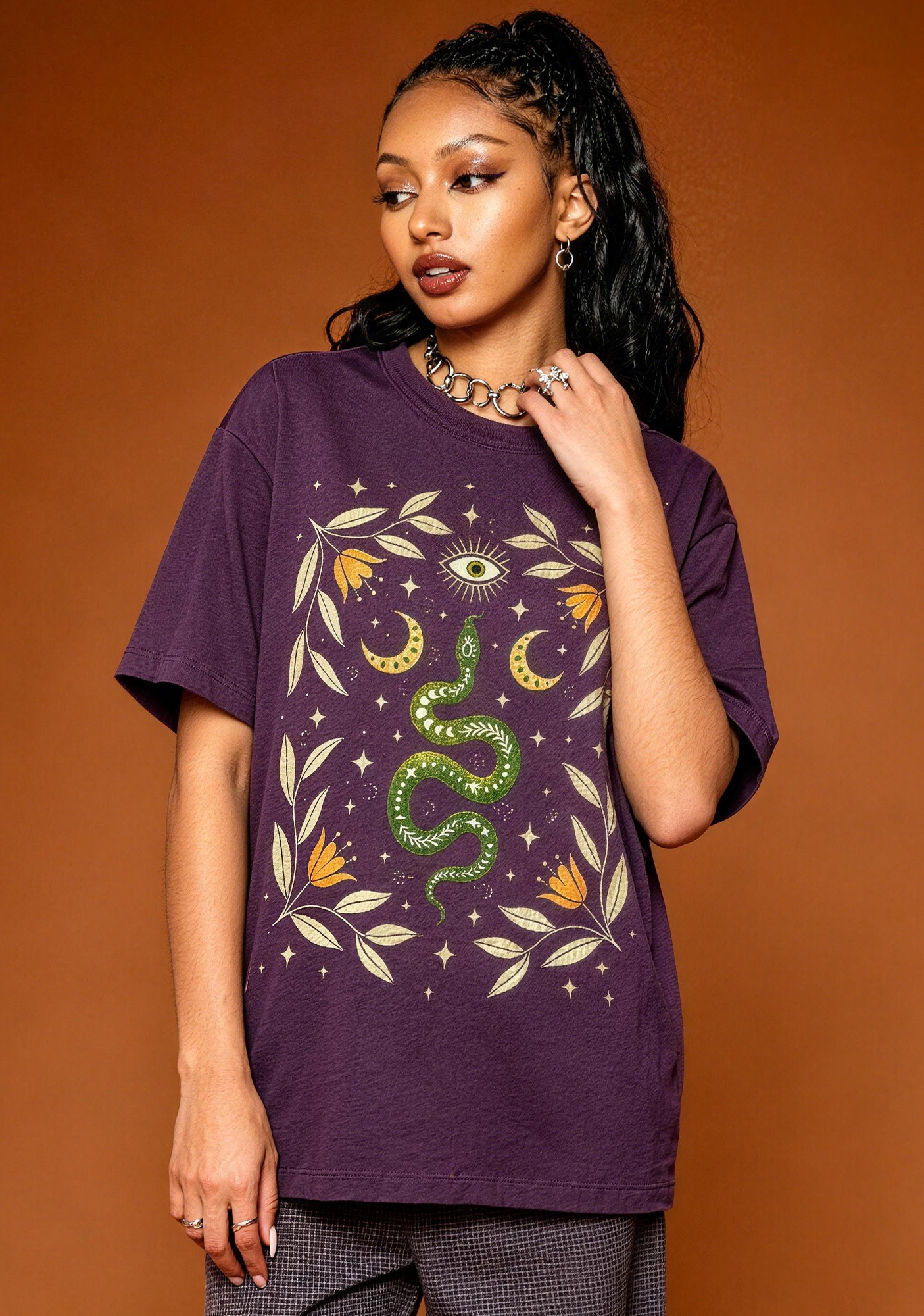 Celestial Snake Evil Eye Moon Star Graphic T-Shirt