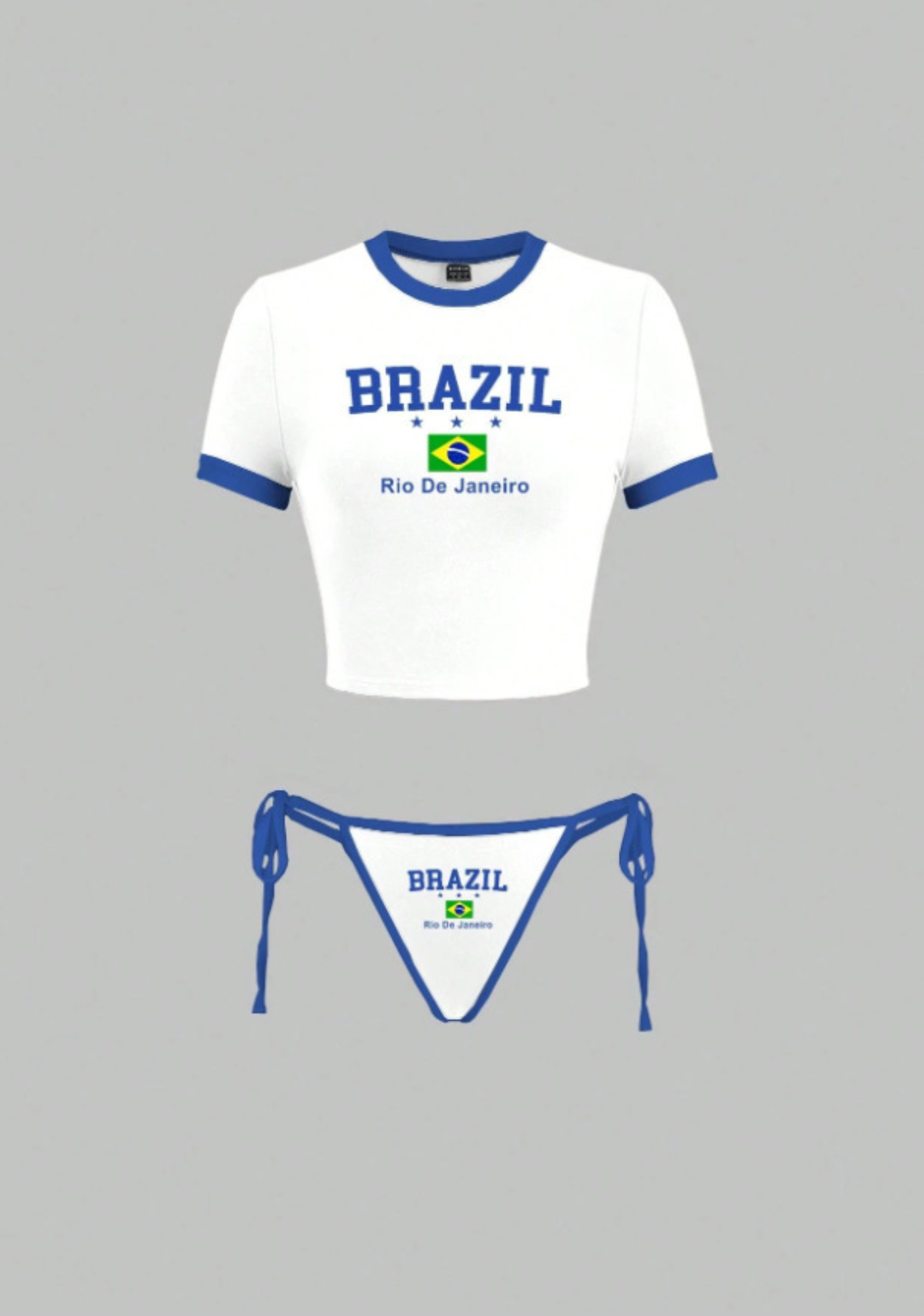 Brazil Flag Rio Graphic Ringer Crop Top & Tie Bikini Matching Set