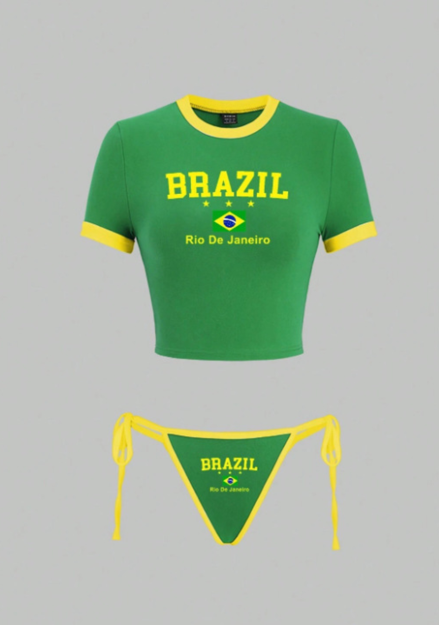 Brazil Flag Rio Graphic Ringer Crop Top & Tie Bikini Matching Set