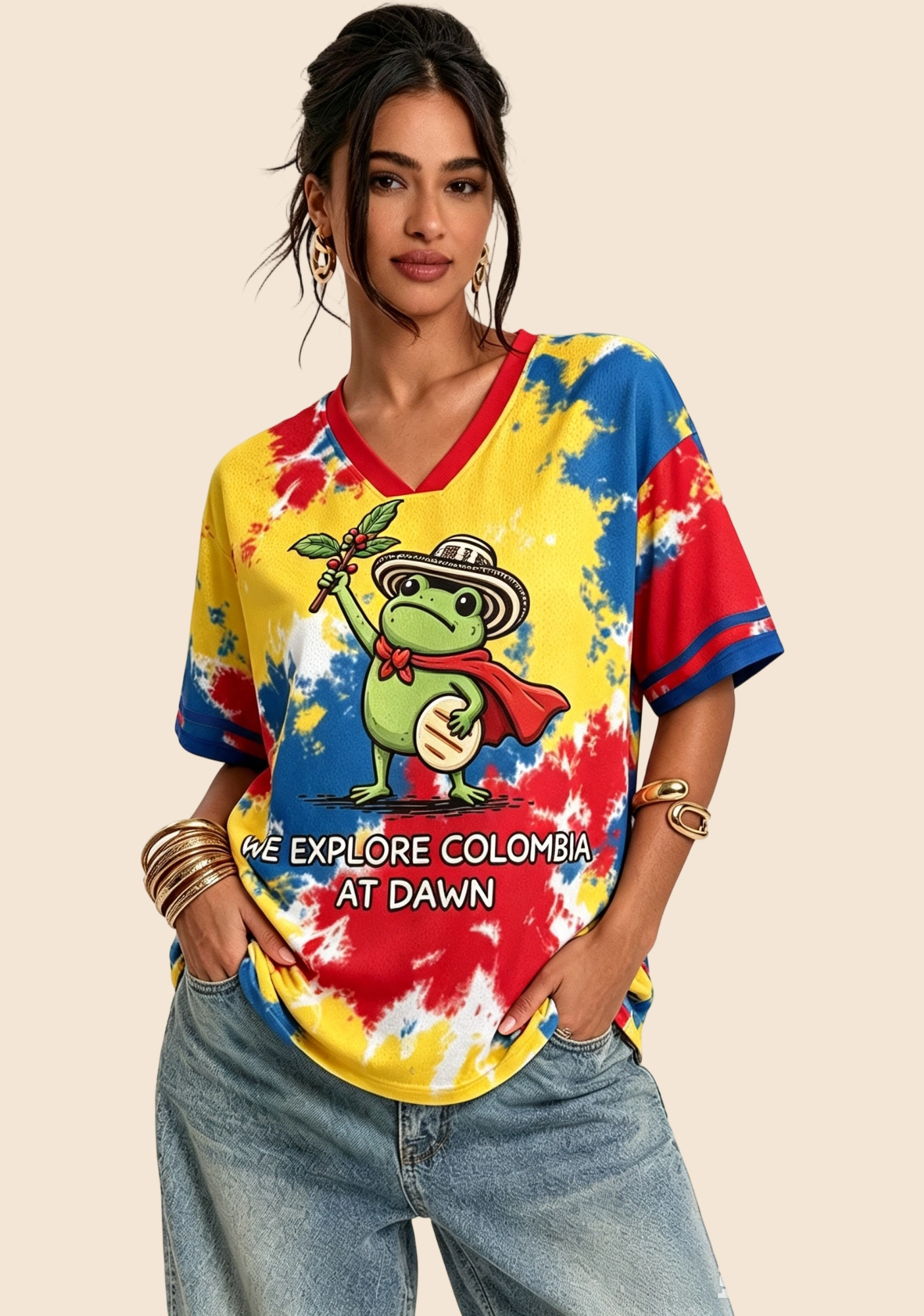 Cartoon Super Frog Colombia Tie‑Dye Mesh Jersey Shirt