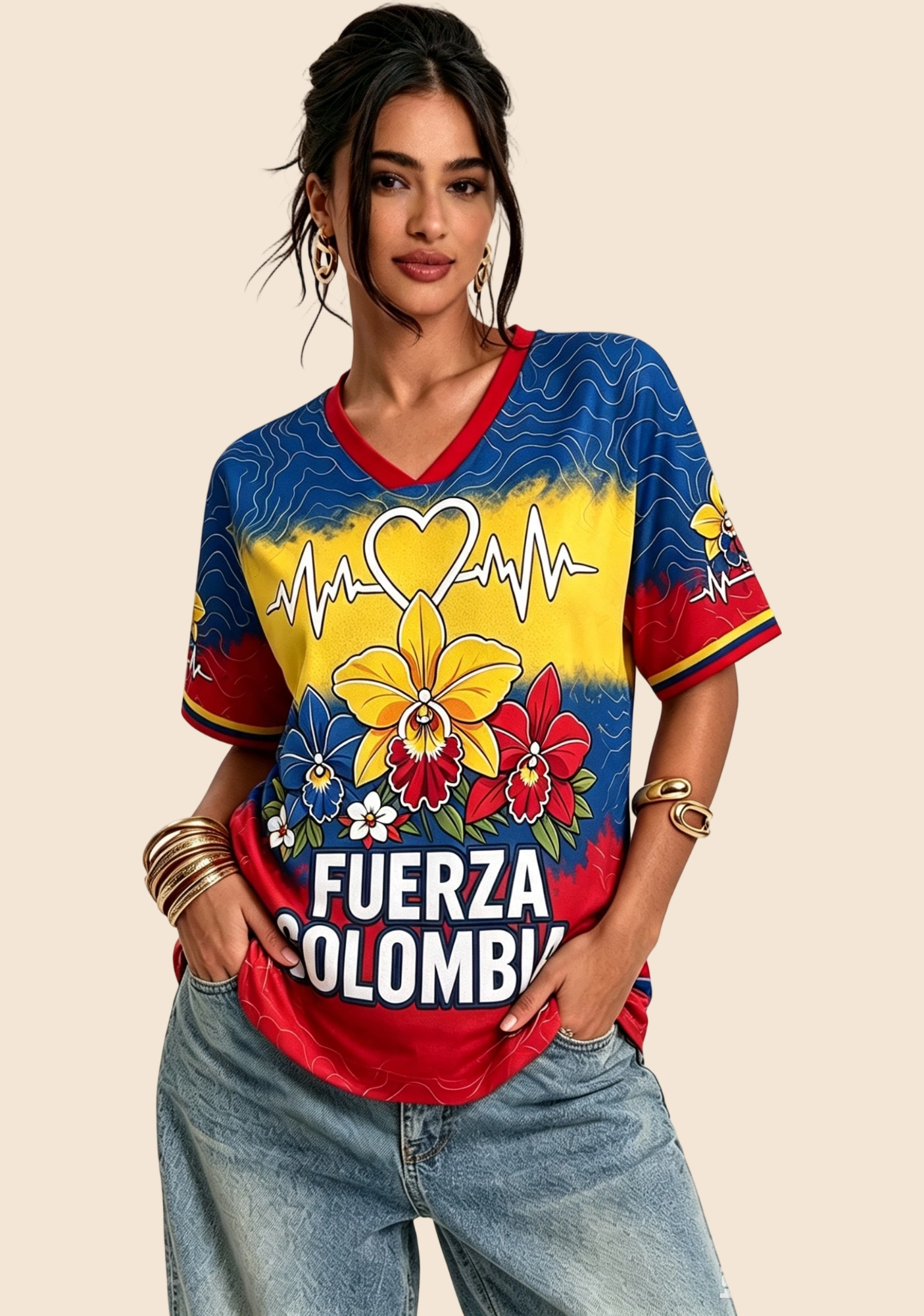 Fuerza Colombia Orchid Flower Heart ECG Mesh Jersey Shirt