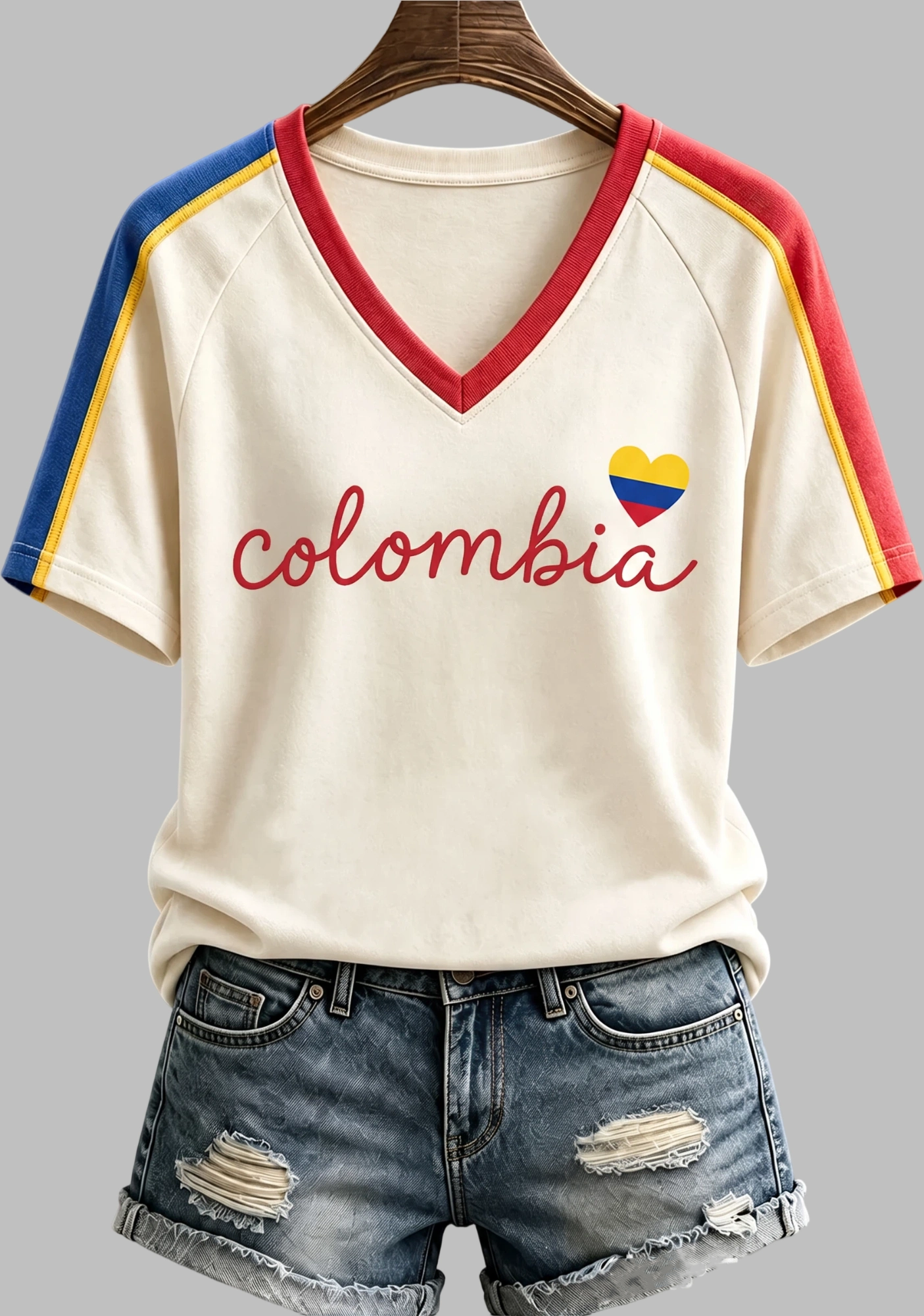 Colombia Letter Print Heart Flag V‑Neck Tee
