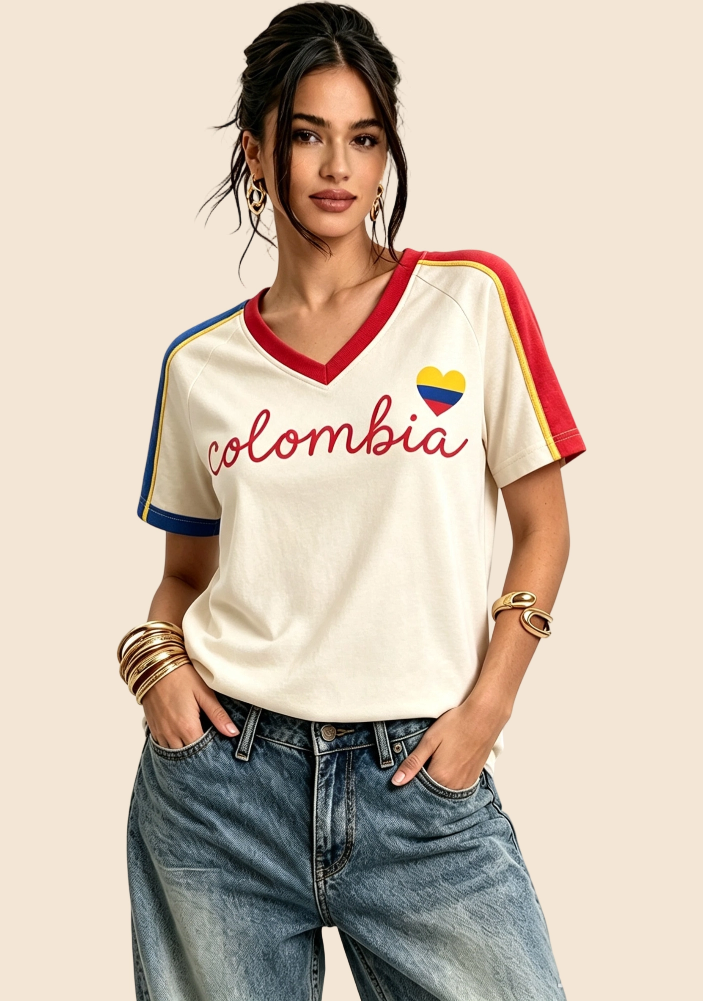 Colombia Letter Print Heart Flag V‑Neck Tee