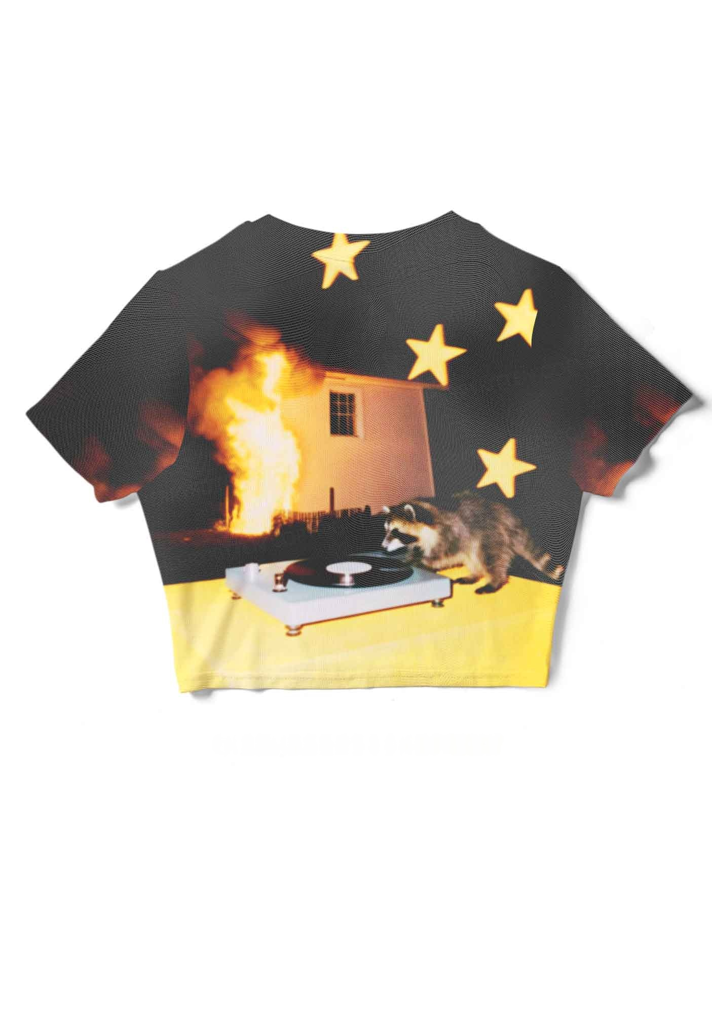 Raccoon DJ Burning House Y2K Mesh Crop Top