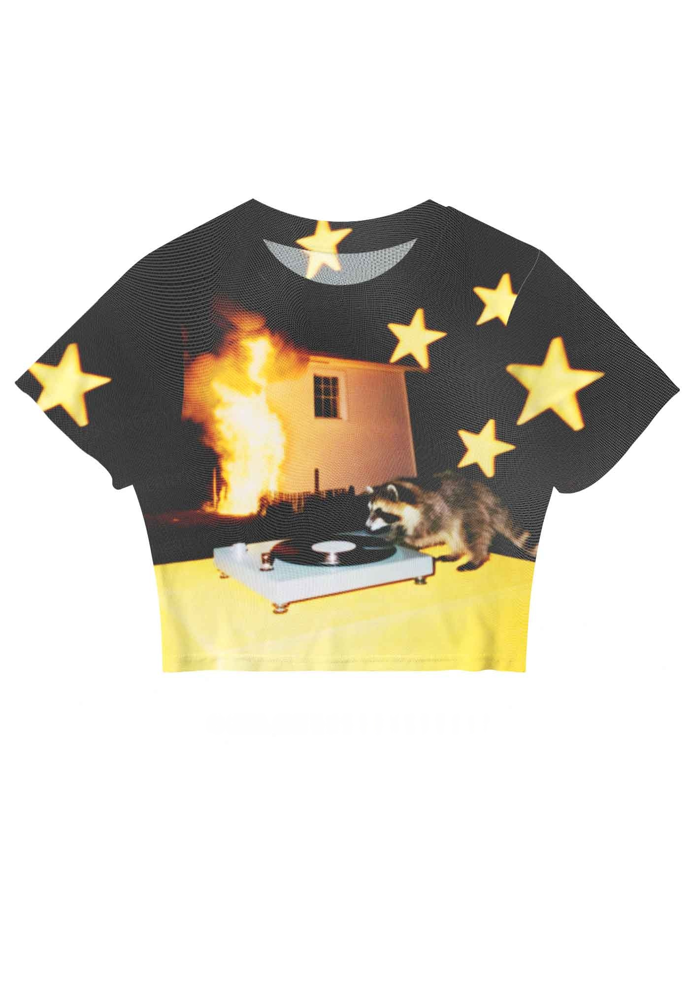 Raccoon DJ Burning House Y2K Mesh Crop Top