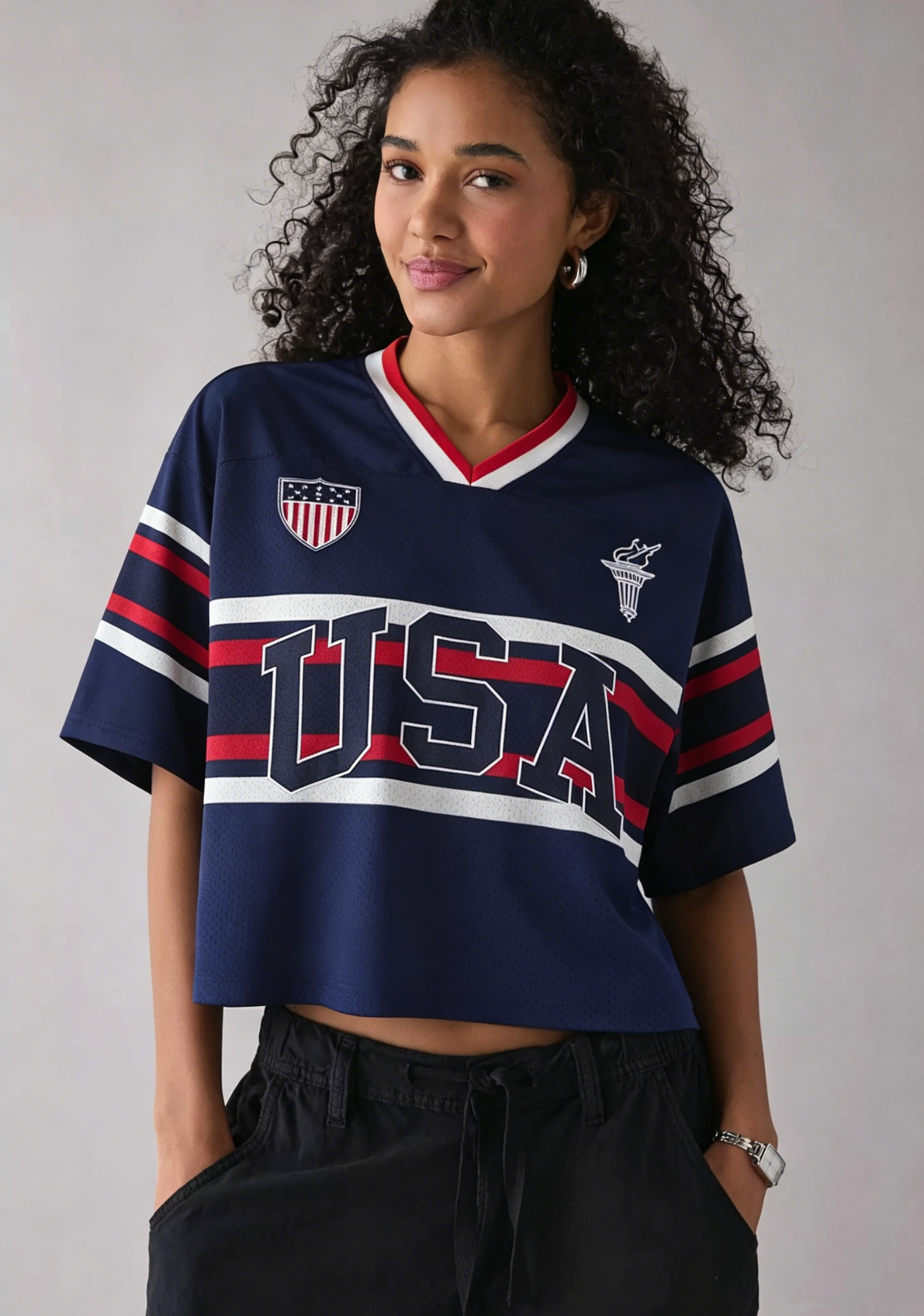 Navy Red Striped USA Cropped Mesh Jersey Shirt