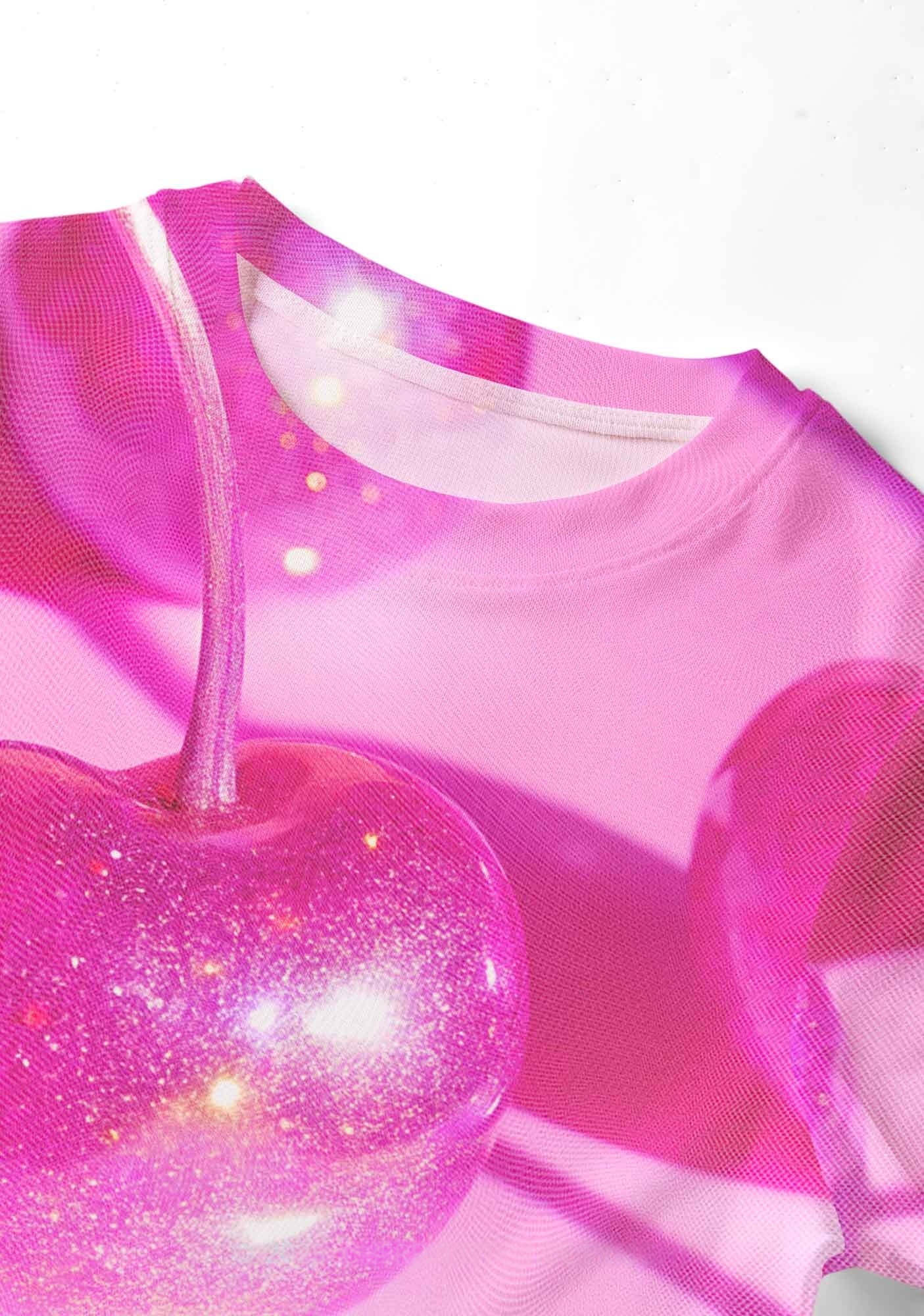 Glitter Pink Cherry Y2K Mesh Crop Top