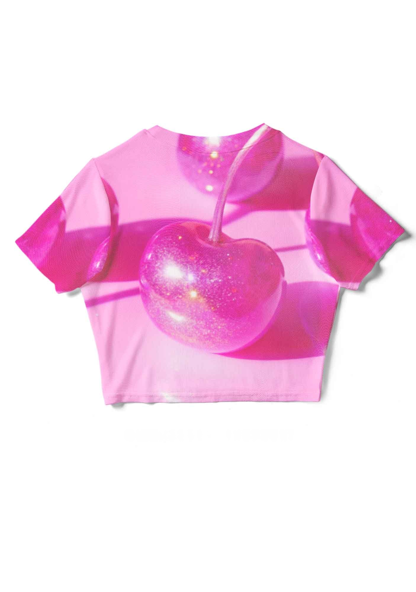 Glitter Pink Cherry Y2K Mesh Crop Top