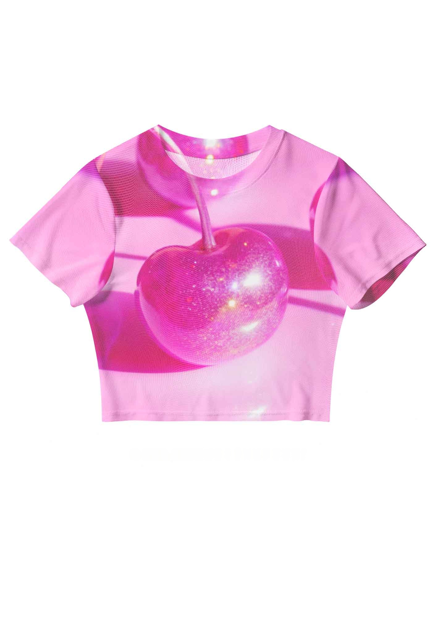 Glitter Pink Cherry Y2K Mesh Crop Top