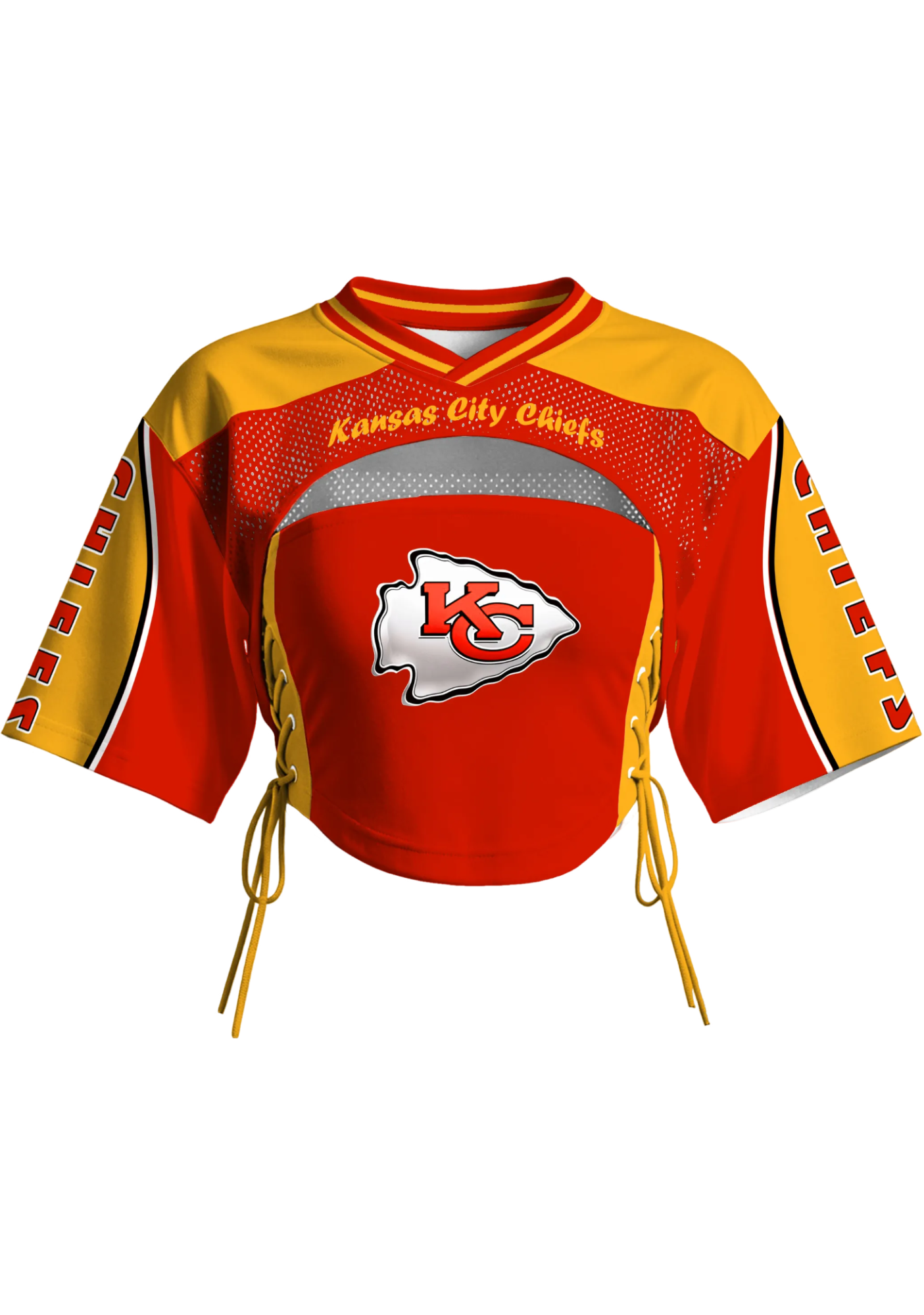 Kansas City Chiefs Women Lace Up Cutout Cropped NFL Mesh Jersey