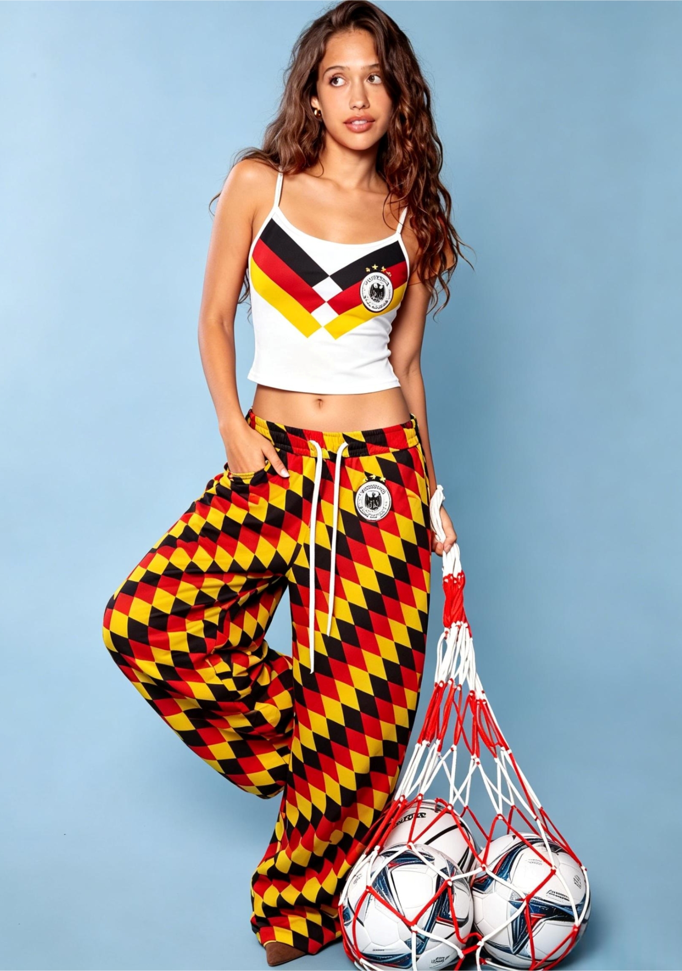 Germany DFB Flag Argyle Check Fan Tops & Elasticated Trousers Two-Piece Set