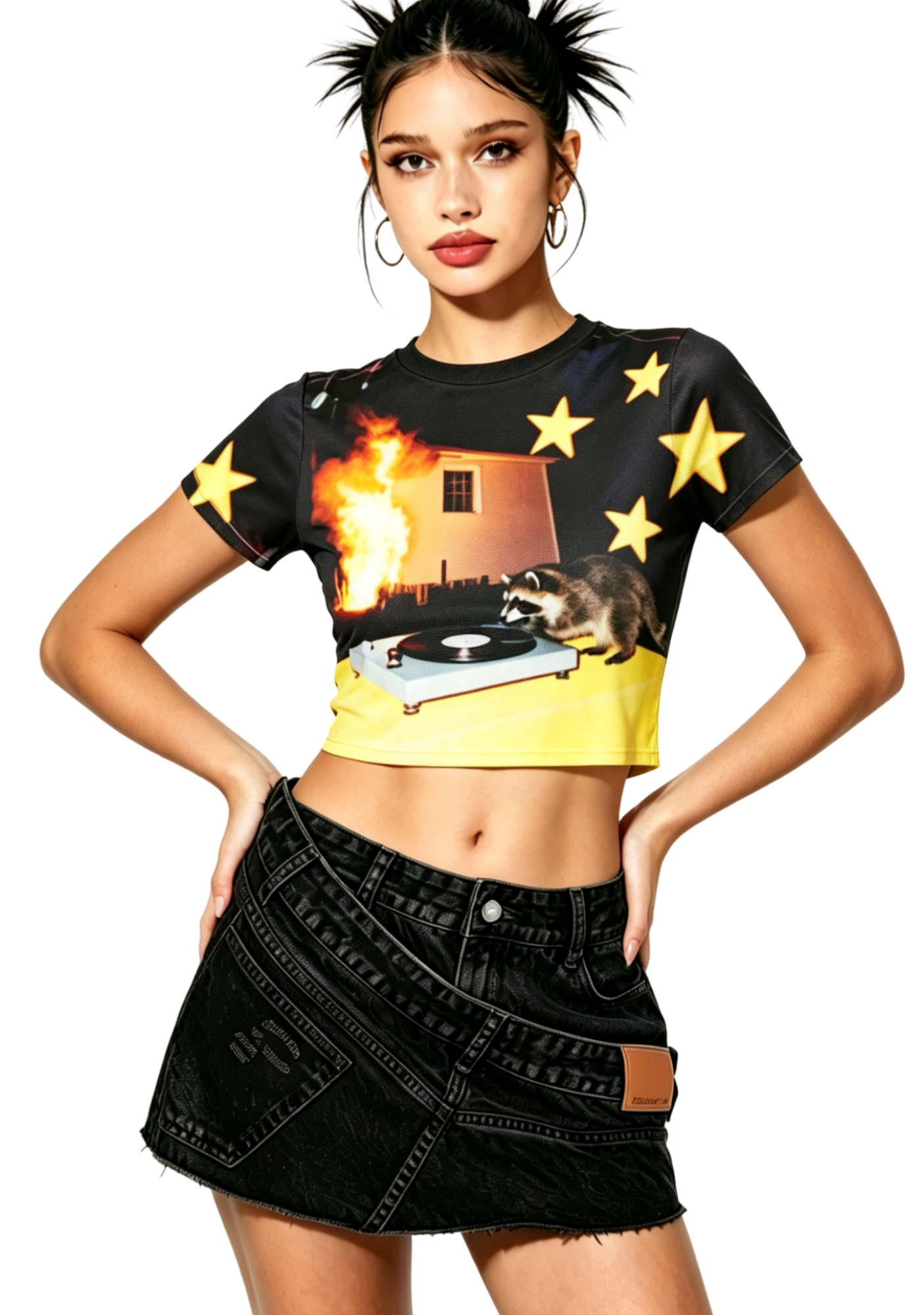 Raccoon DJ Burning House Y2K Mesh Crop Top