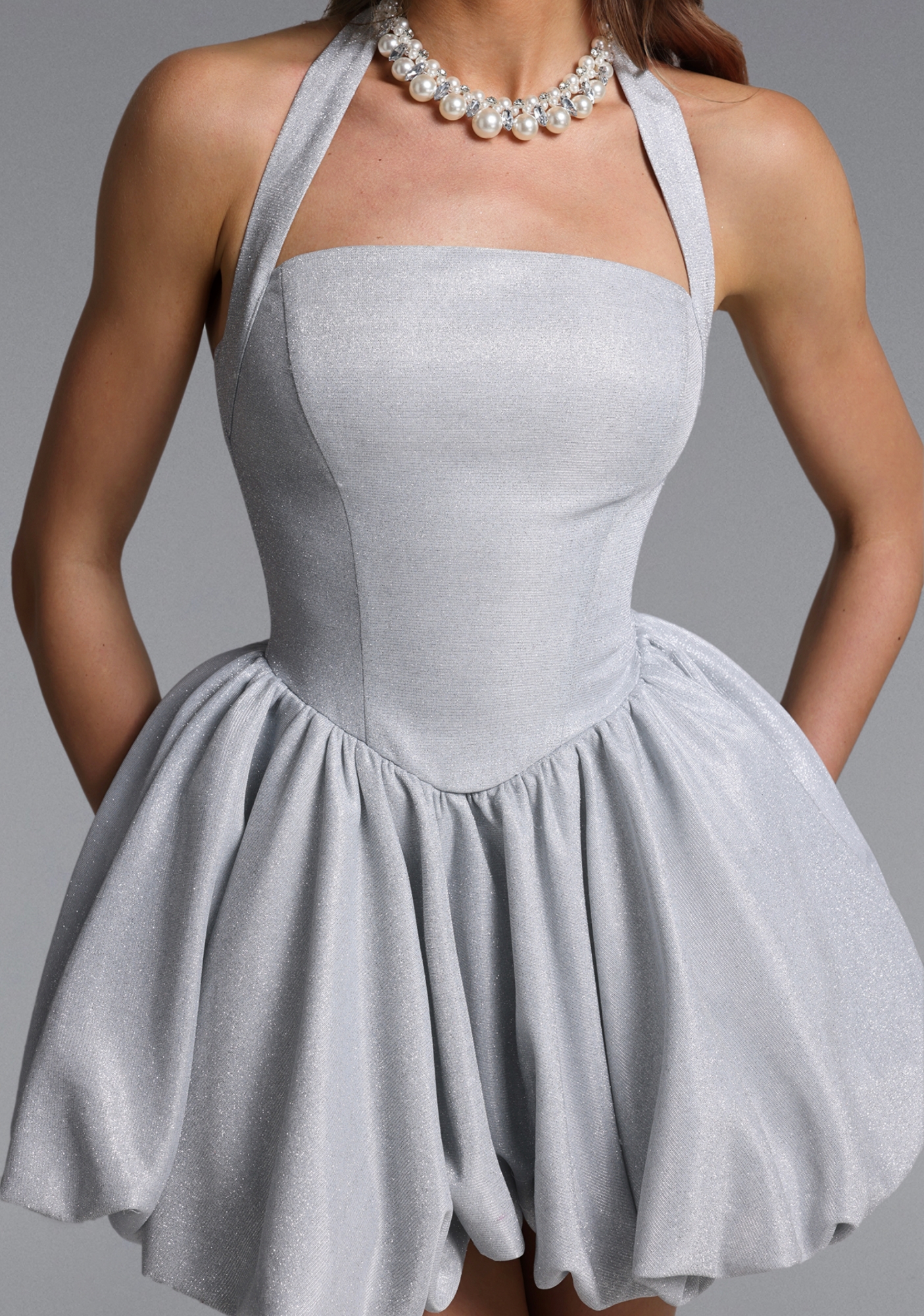 Marlene Classic Tailored Halter Sparkly Puff Mini Dress