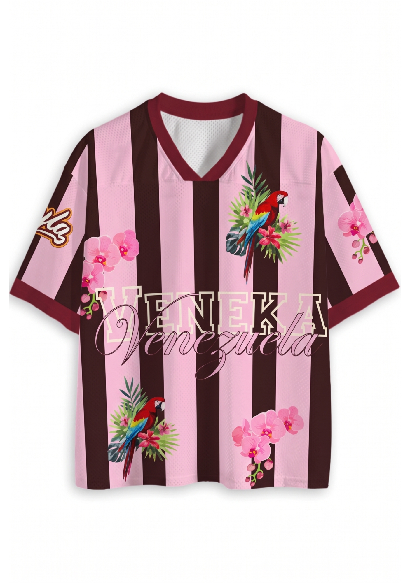Venezuela Scarlet Macaw Parrot & Pink Orchid Mesh Jersey Shirt