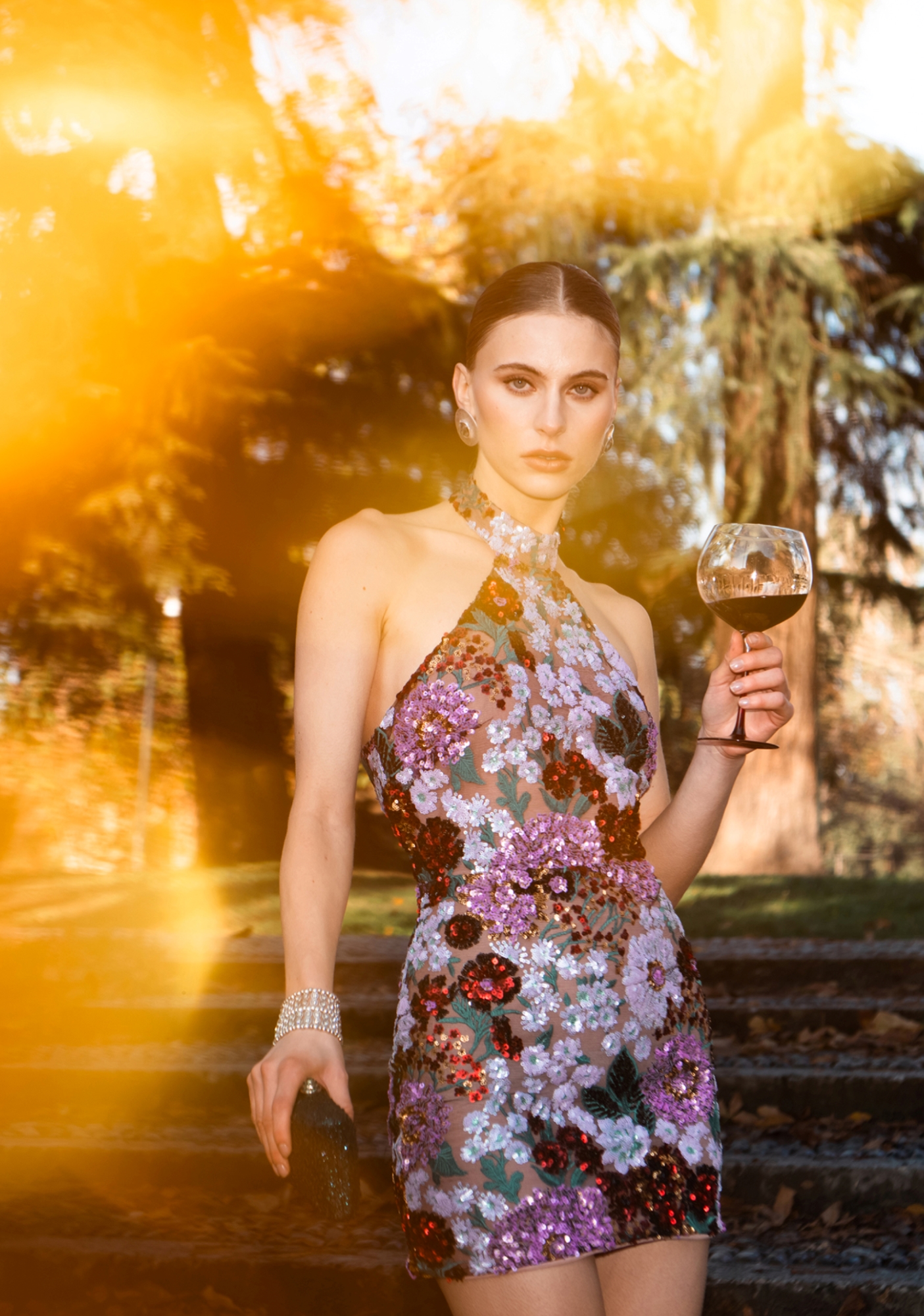 Polasa Halter Sleeveless Sequins Flower Mini Dress
