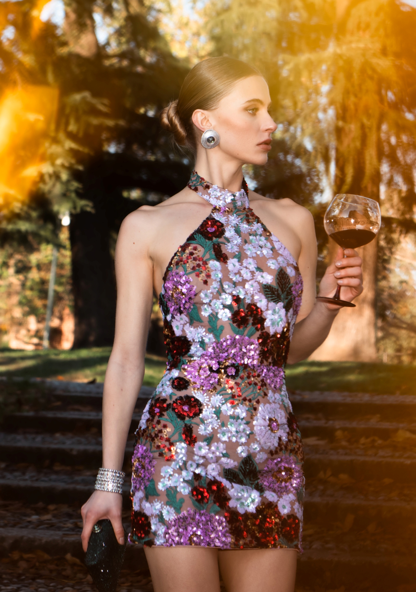 Polasa Halter Sleeveless Sequins Flower Mini Dress