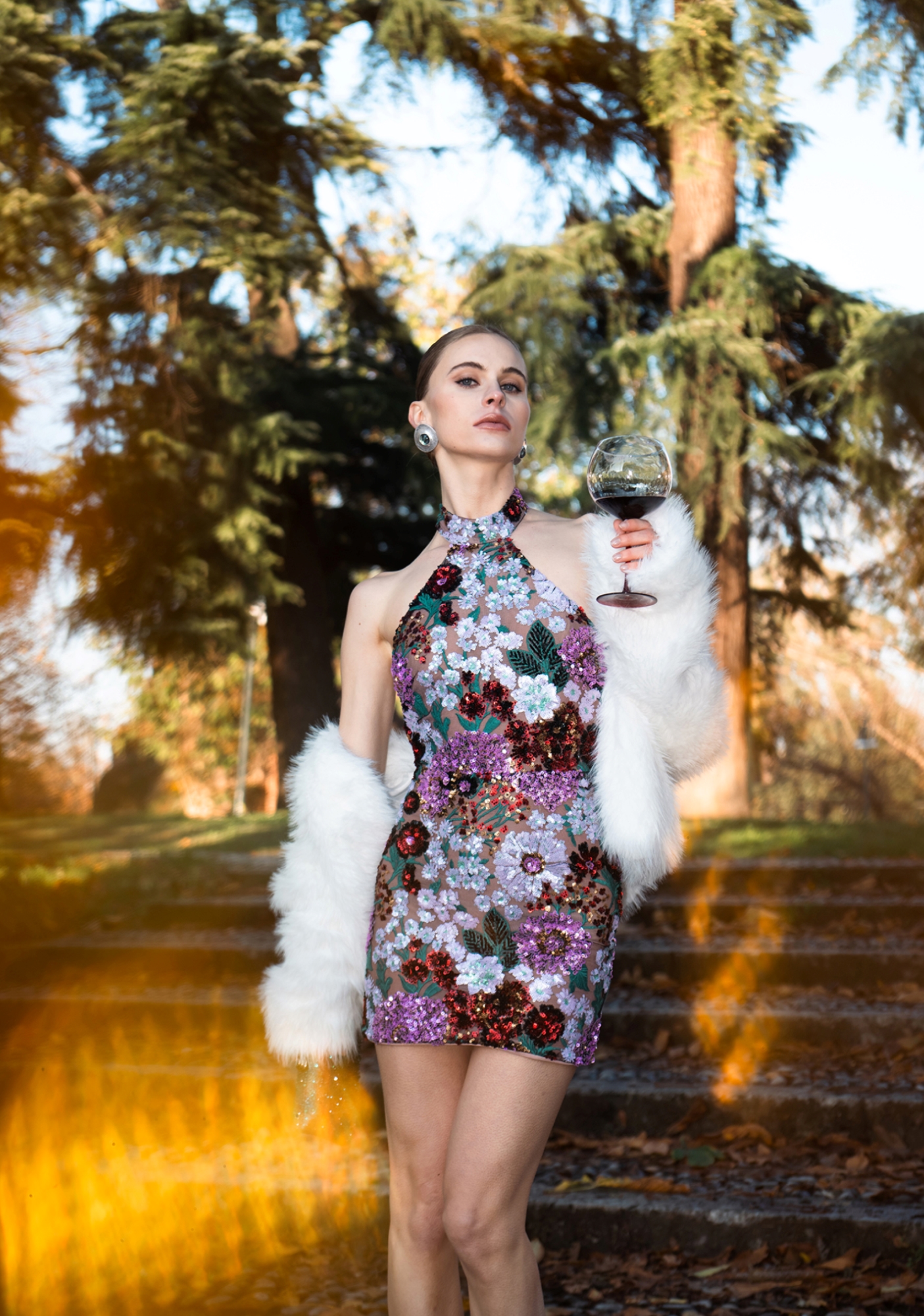 Polasa Halter Sleeveless Sequins Flower Mini Dress