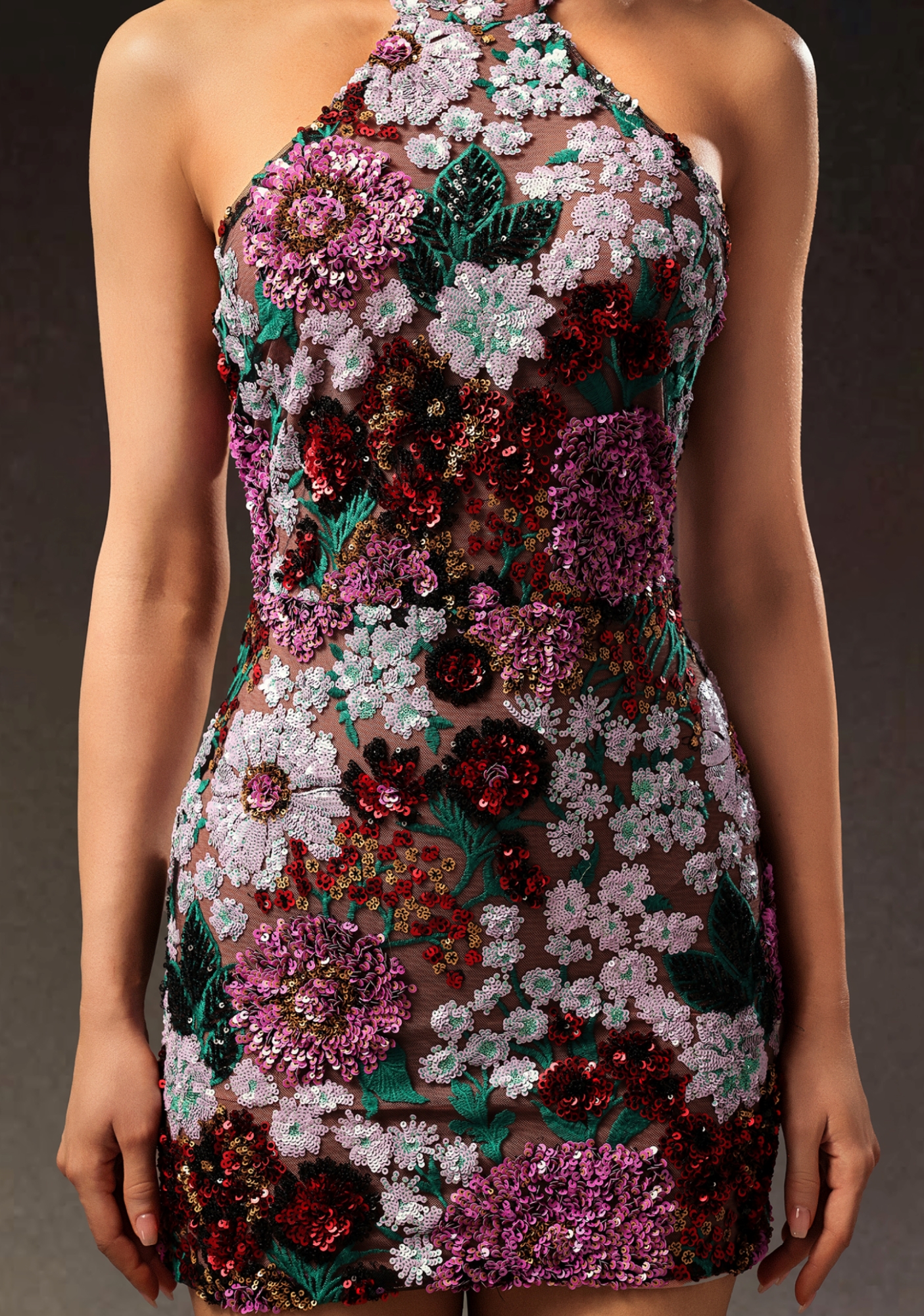 Polasa Halter Sleeveless Sequins Flower Mini Dress