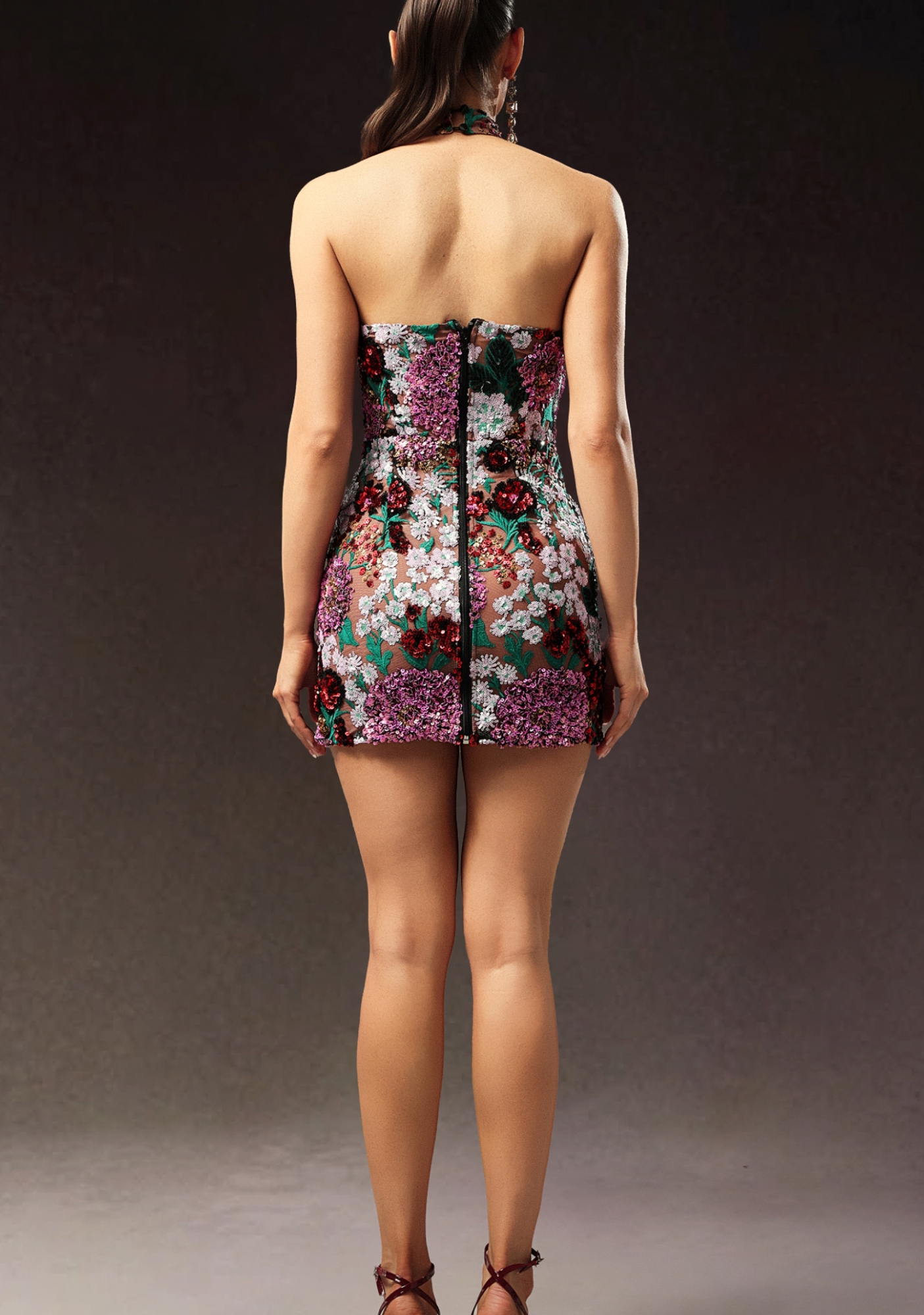 Polasa Halter Sleeveless Sequins Flower Mini Dress