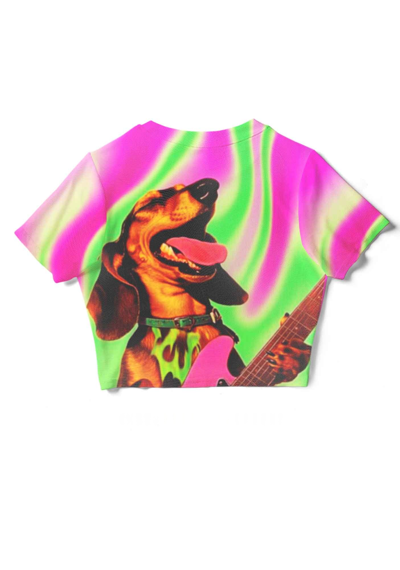Psychedelic Sausage Dog Y2K Mesh Crop Top