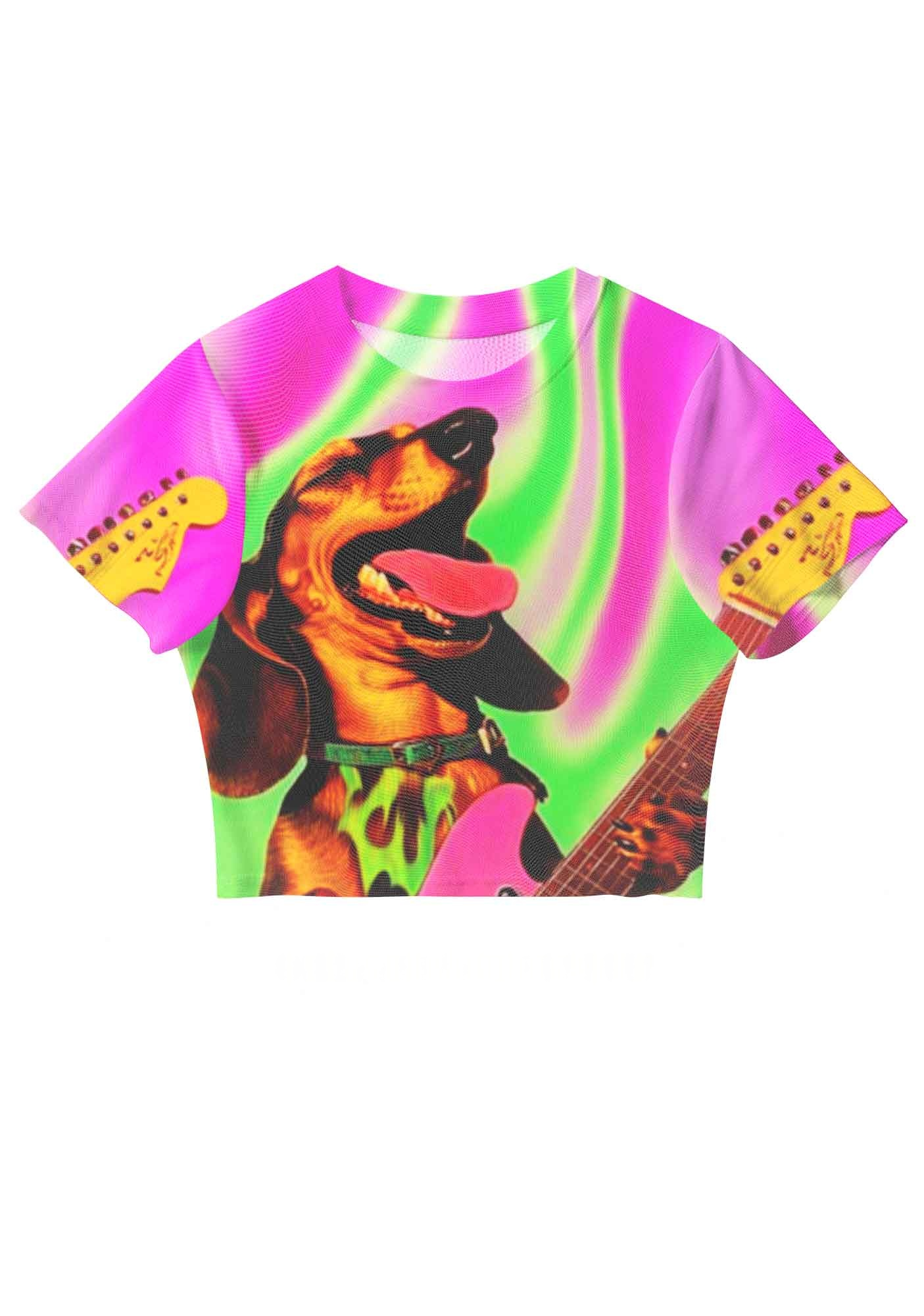 Psychedelic Sausage Dog Y2K Mesh Crop Top