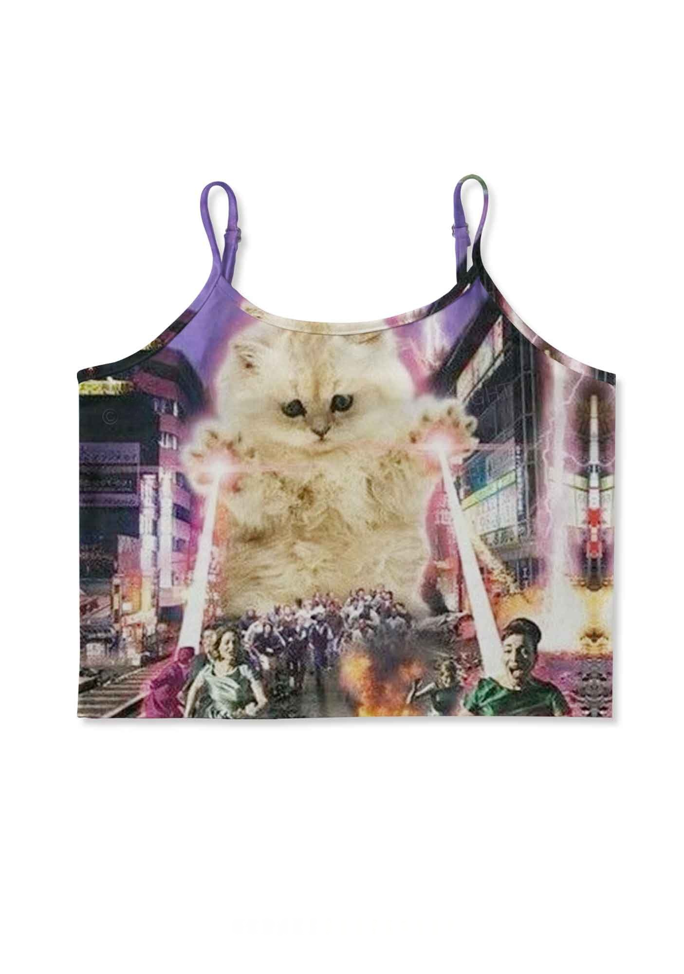 Giant Laser Cat Attack Y2K Print Cami Crop Top
