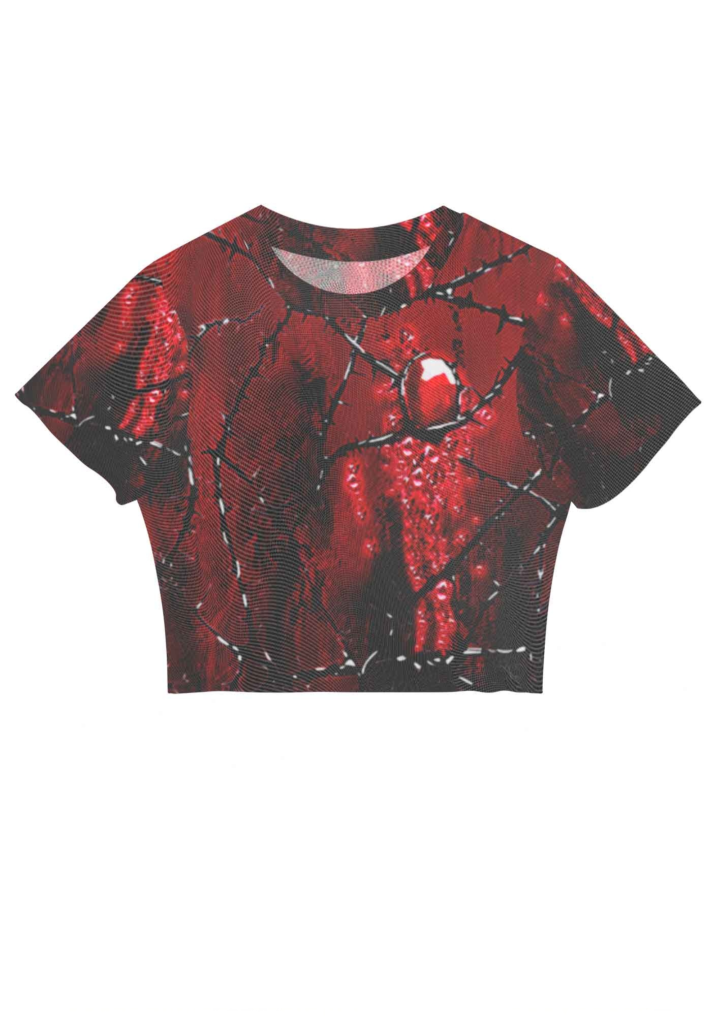Gothic Red Thorns Heart Y2K Mesh Crop Top