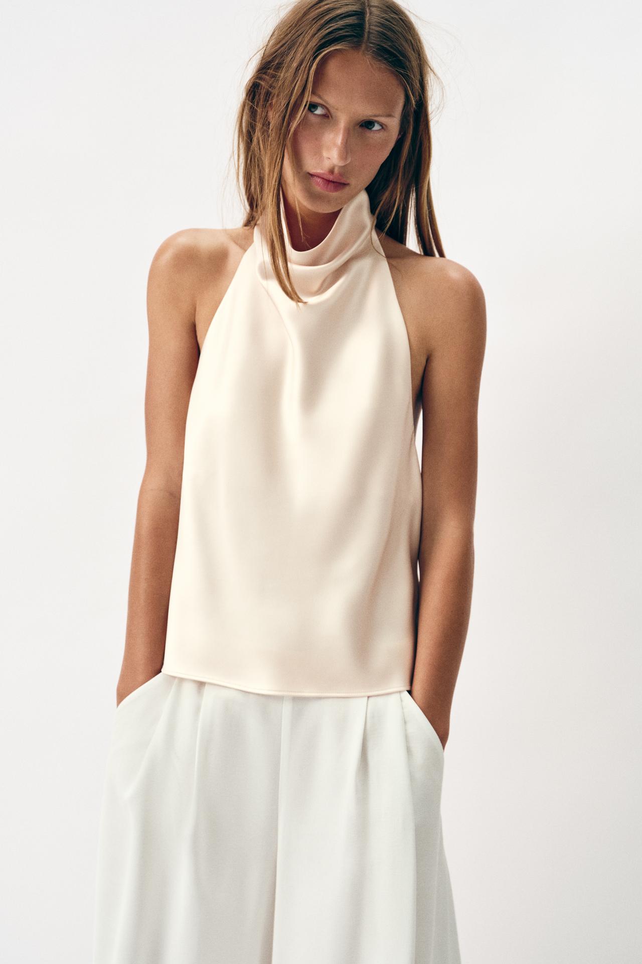 ECRU SATIN EFFECT HALTER TOP