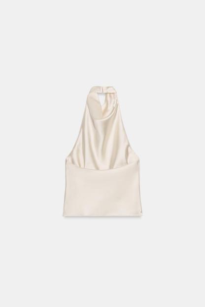 ECRU SATIN EFFECT HALTER TOP