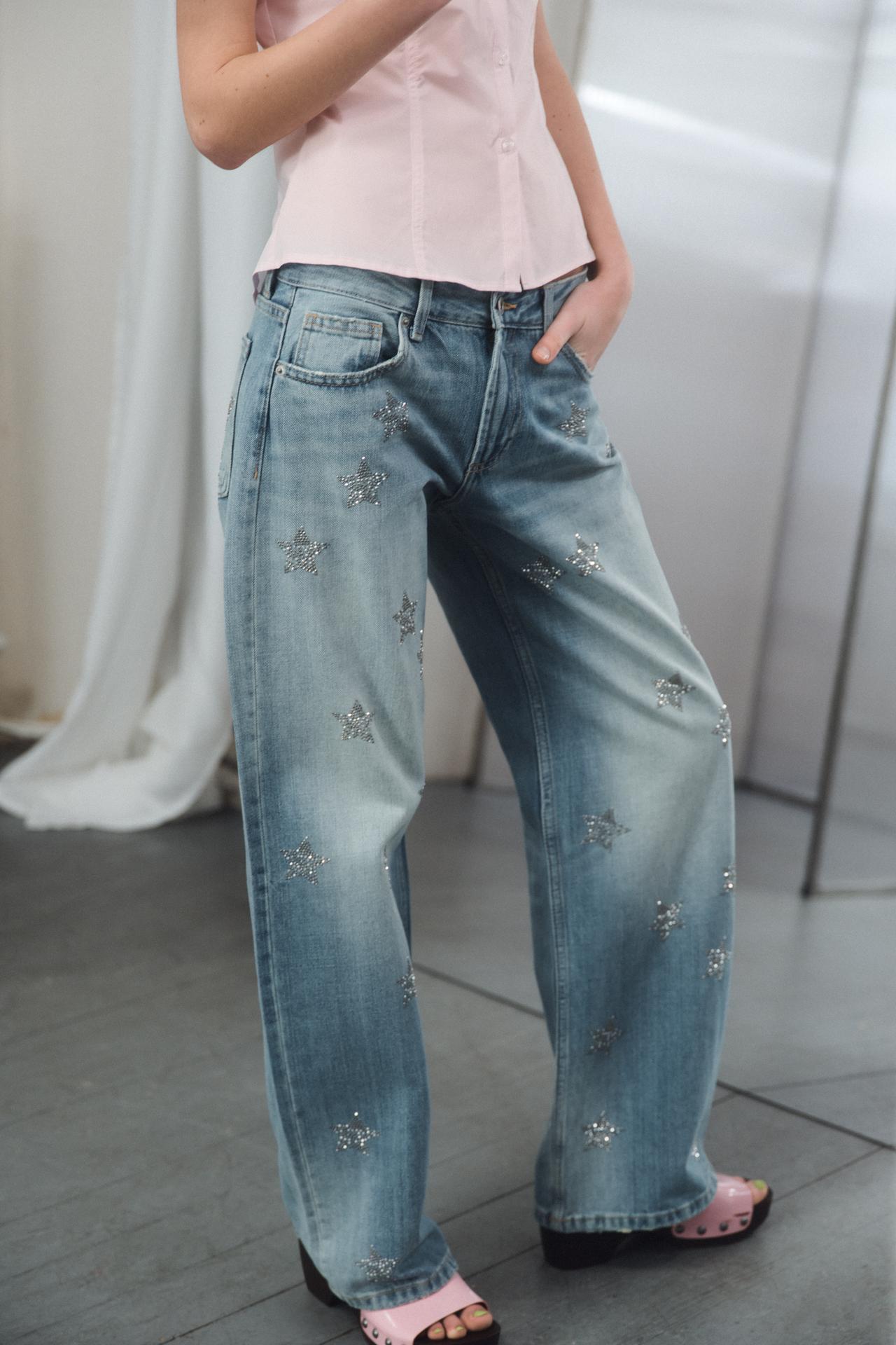 TRF LOW RISE WIDE LEG RHINESTONE JEANS