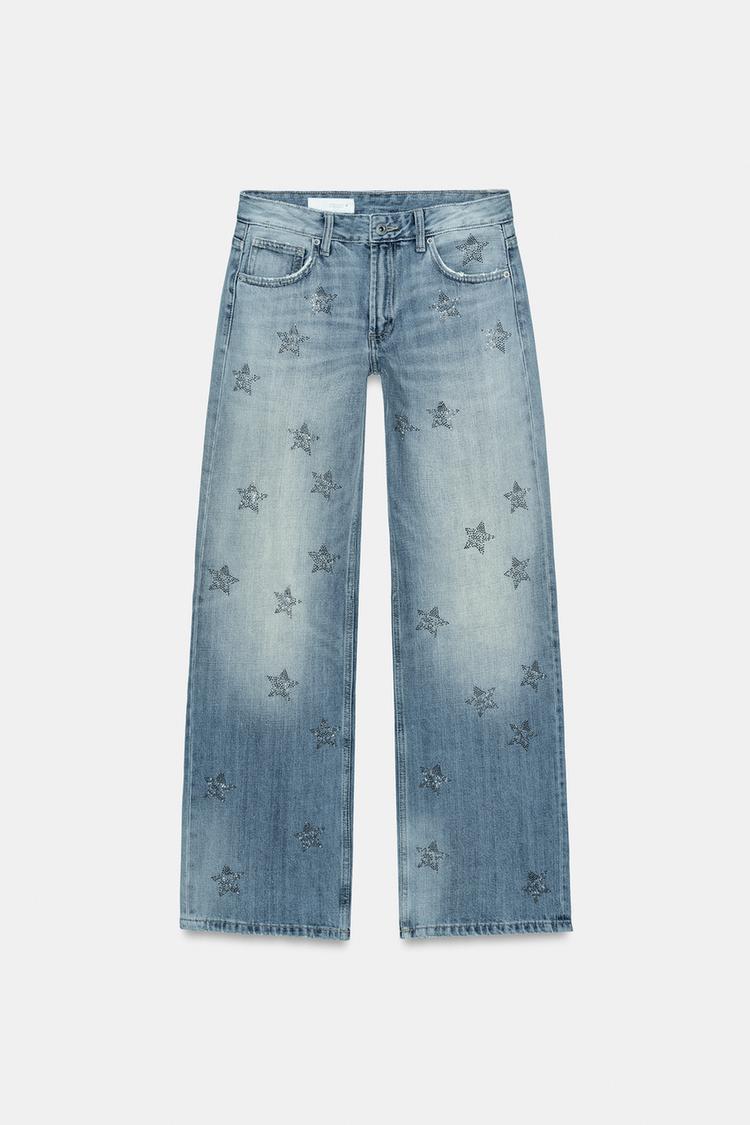 TRF LOW RISE WIDE LEG RHINESTONE JEANS