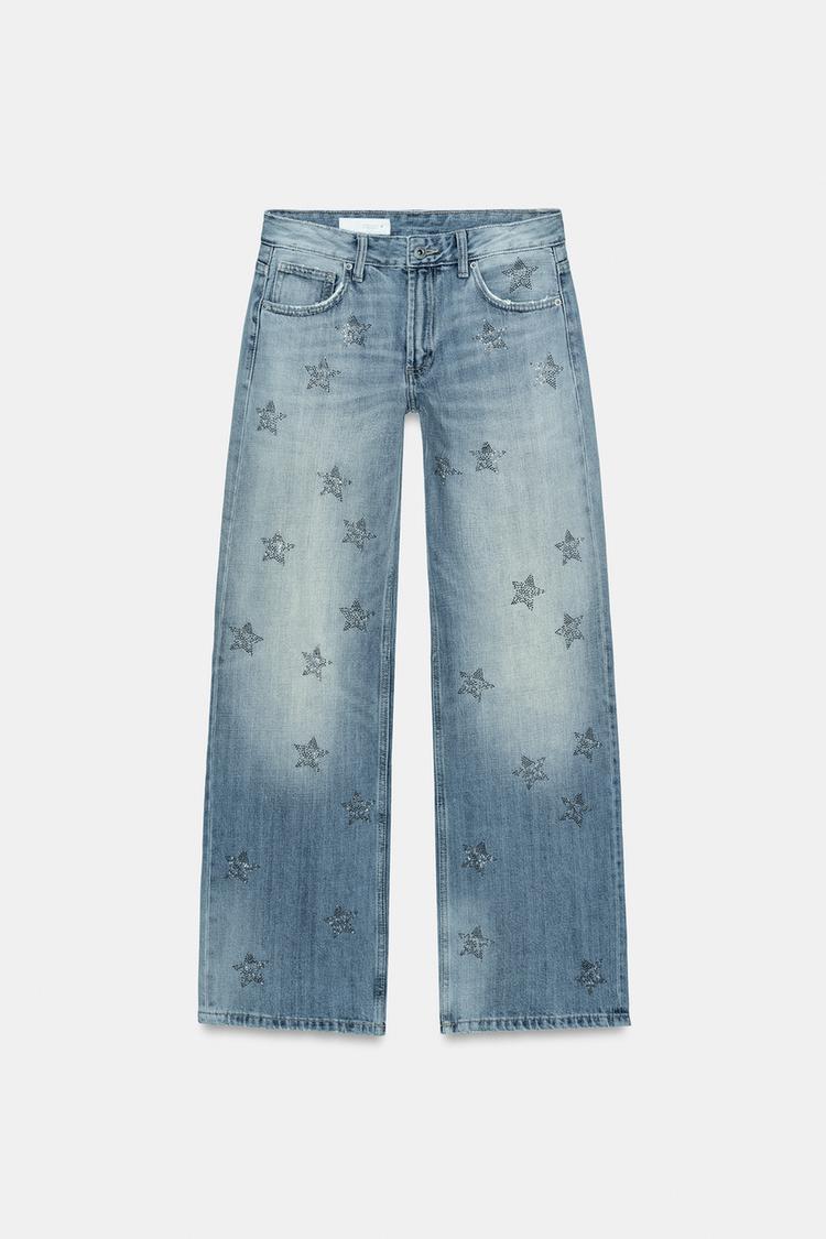 TRF LOW RISE WIDE LEG RHINESTONE JEANS