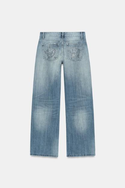 TRF LOW RISE WIDE LEG RHINESTONE JEANS