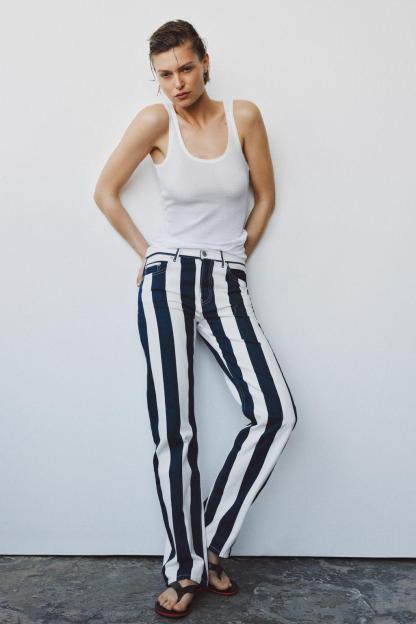 ZW COLLECTION MID-RISE STRIPED STRAIGHT LEG JEANS