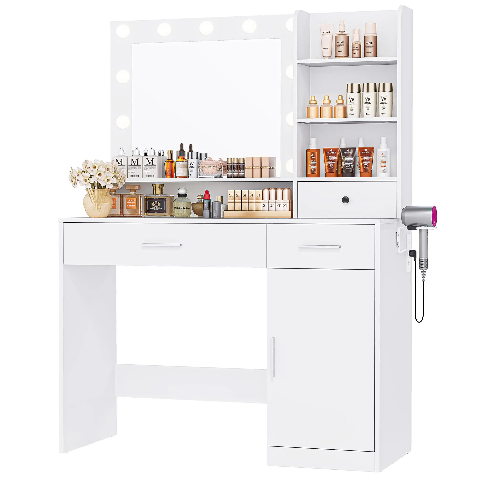 Tocador Blanco con Espejo Iluminado y Enchufe – Tocador de Maquillaje con 3 Cajones y Soporte para Dormitorio de Niñas