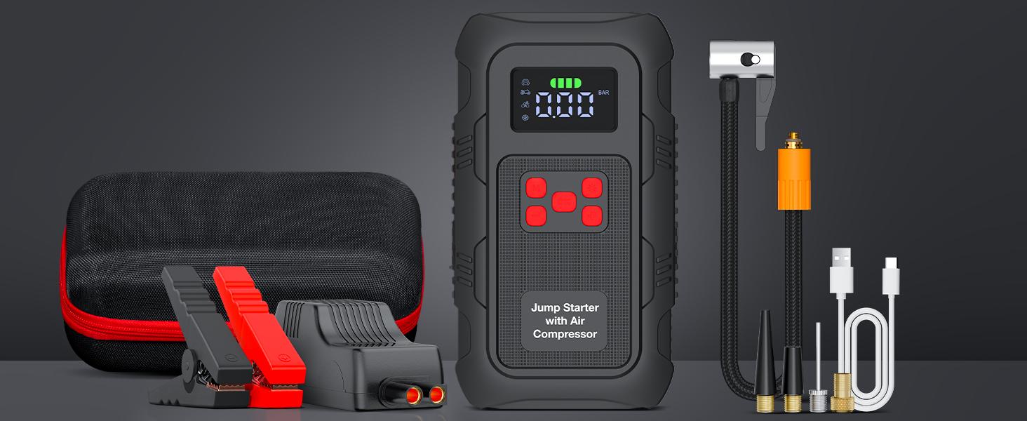 HPBS Spring Outing Portable Car Jump Starter, 6000A Peak 24000mAh with 150PSI Tire Inflator, 12V Car Battery Jump Starter for (10.0L Gas, 8.0L Diesel) Engines, Fast Inflation, Power Bank LED Light